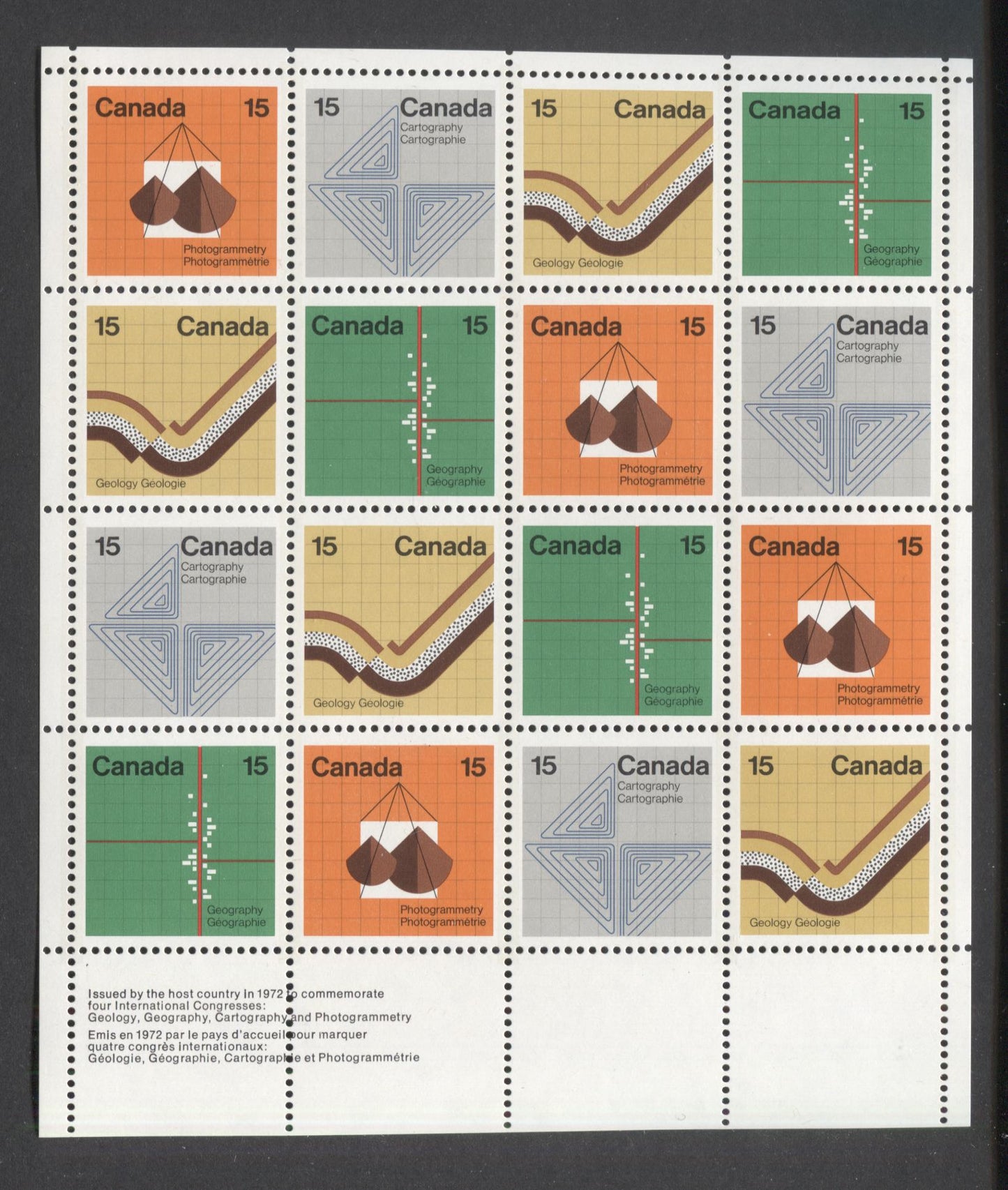 Canada #585b 15c Multicoloured Various Designs, 1972 Earth Sciences Issue, Field Stock Sheet Of 16, MF/HF Paper, VF-84 NH, Unfolded, Unitrade Cat. As Singles $40, Ottawa Tagged