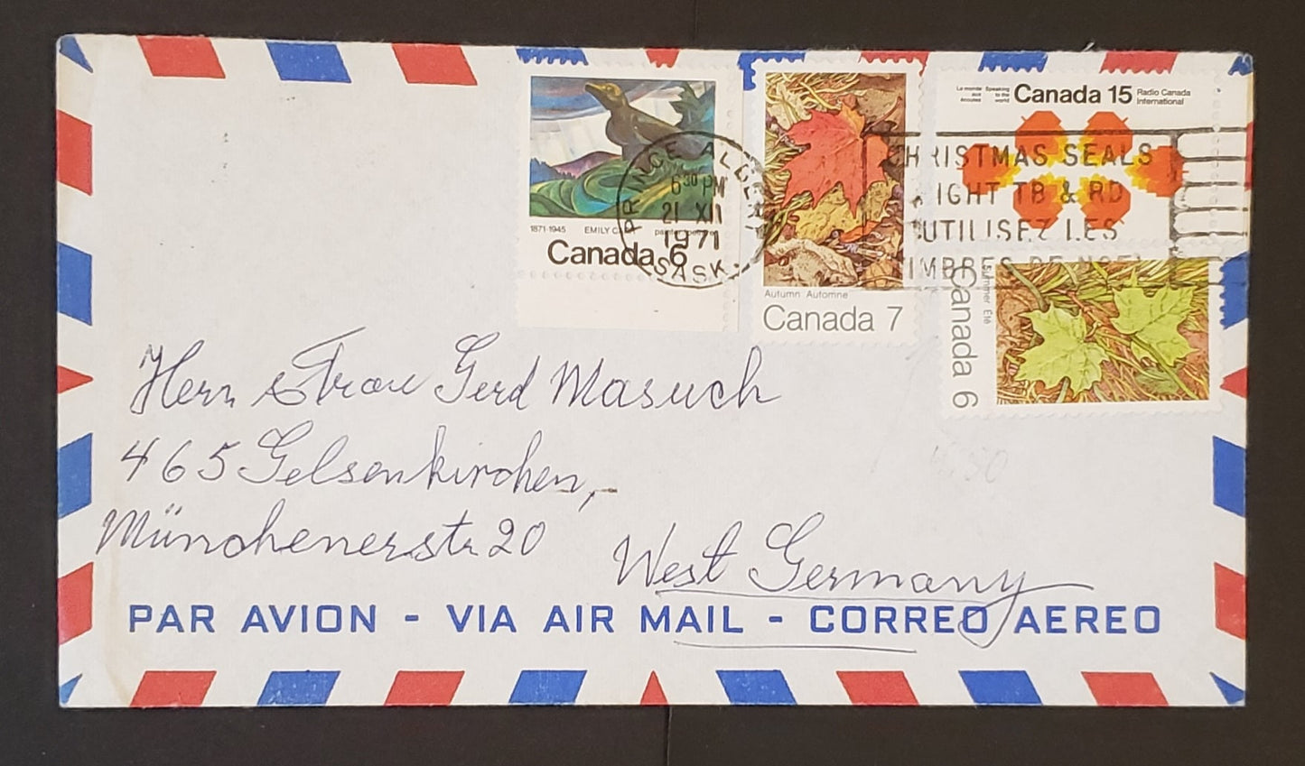 Lot 130 Canada #532, 536-537, 541 6c-15c Multicolored Various Subjects 1971 Commemoratives, 1 Covers Franked With Combo, Int'l Airmail To West Germany Sent December 21St, 1971, Cat. Value $6