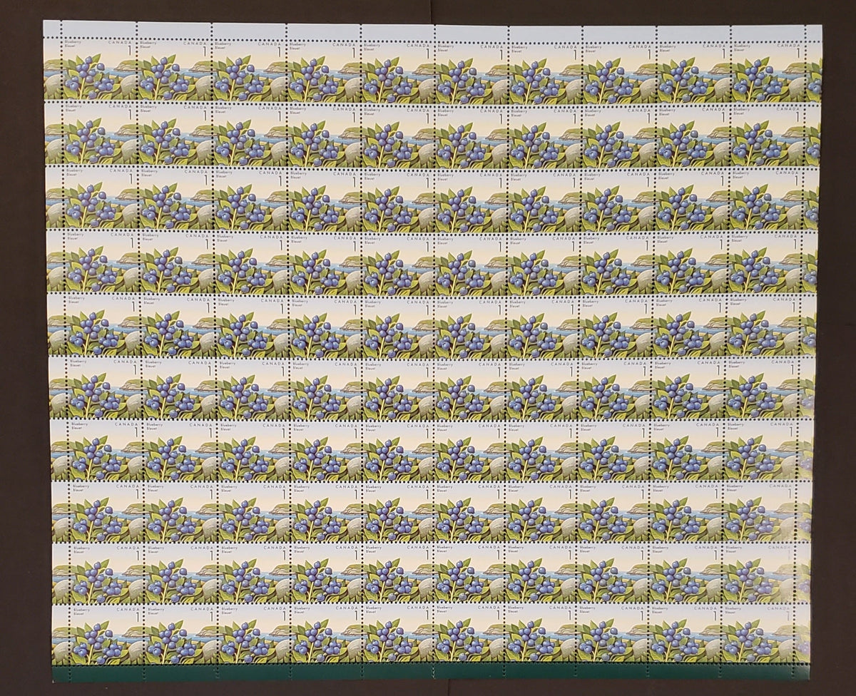 Lot 41 Canada #1349i 1c Multicoloured Blueberries, 1992 Edible Berry Definitives, Field Stock Sheet Stock Sheet Of 100, NF/DF Coated Paper, CBN Printing, VF-75 NH, Folded Down Middle, Unitrade Cat. As Singles $25, Without The Listed Varieties