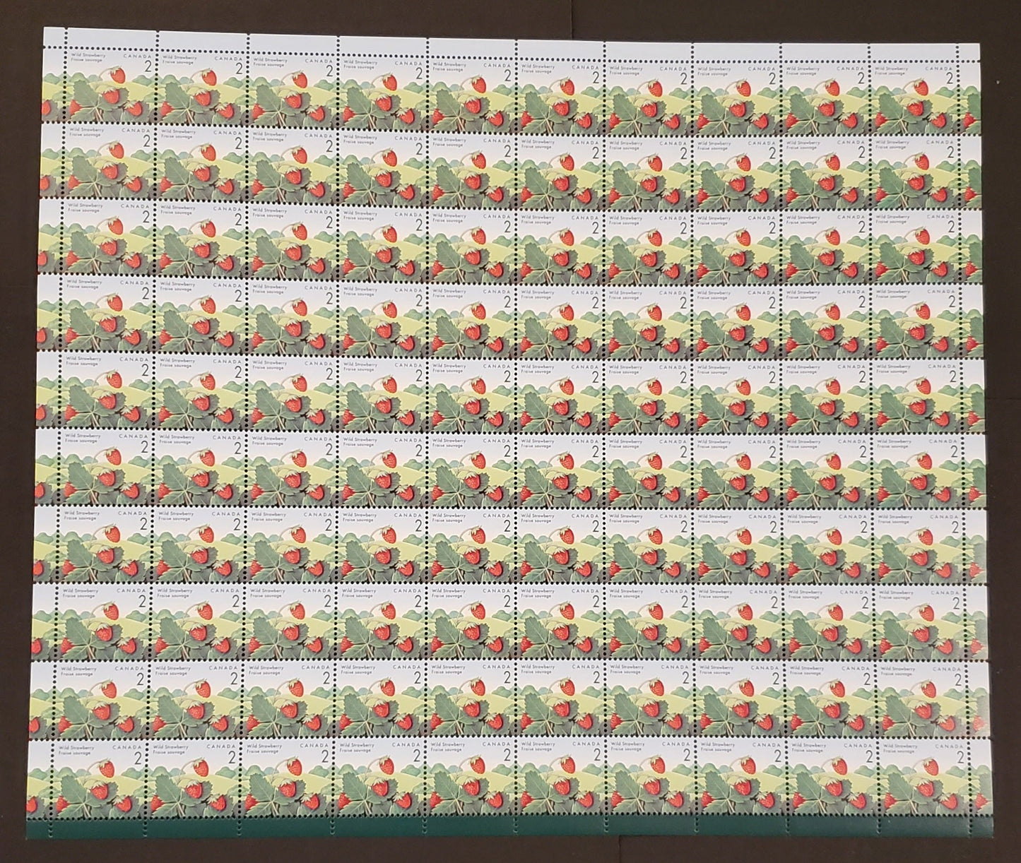 Canada #1350ii,v-vii 2c Multicoloured Wild Strawberry, 1992 Edible Berry Definitives, Field Stock Sheet Stock Sheet Of 100, NF/DF Coated Paper, CBN Printing, , Unfolded, Unitrade Cat. As Singles $99.25, Without Listed Varieties