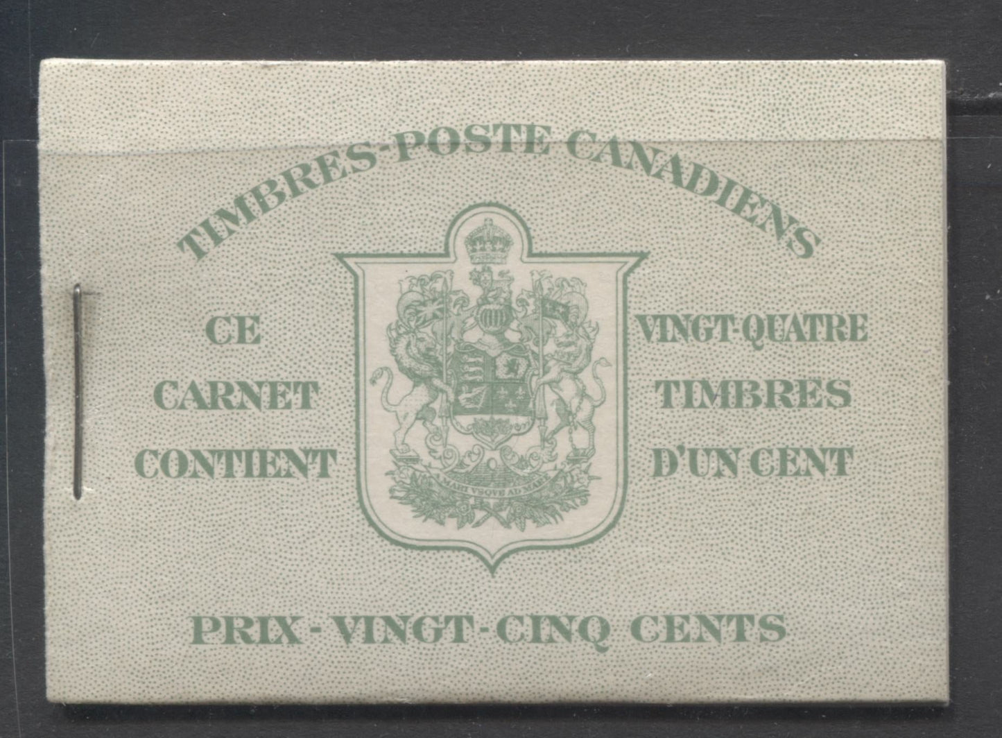 Lot 72 Canada #BK28bF 1937-1942 Mufti Issue, Complete 25c French Booklet, 4 Panes of 6 1c Green, No Rate Page, 17 mm Staple, Horizontal Ribbed Paper, Type 2 Covers, Harris Front Cover Type IIK, VF