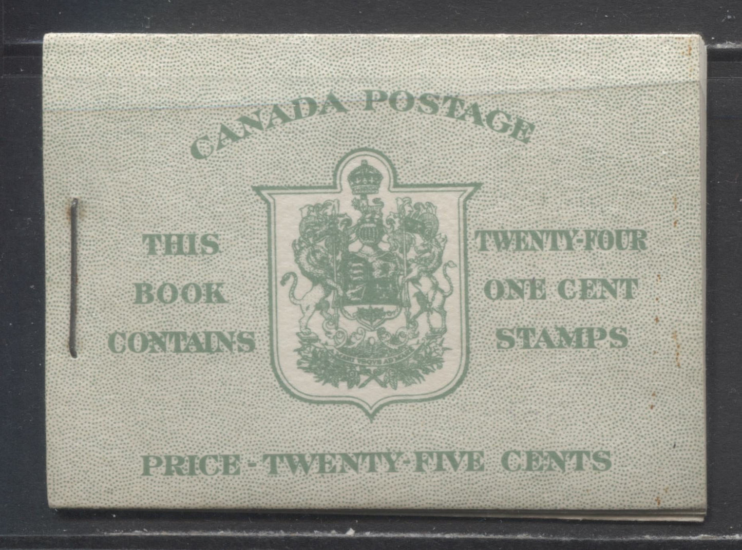 Lot 17 Canada #BK28cE 1937-1942 Mufti Issue, Complete 25c English Booklet, 4 Panes of 6 1c Green, 6c Rate Page, 17 mm Staple, Vertical Ribbed Paper, Type 2 Covers, Harris Front Cover Type IIB