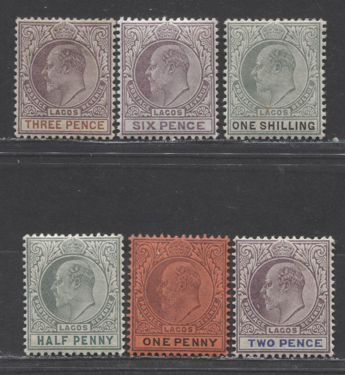 Lot 111 Lagos SC#50-52,54-56 1/2d - 1sh 1904-1906 King Edward VII Issue, On Ordinary Paper With Multiple Crown CA Watermark, 6 VFOG Examples, Click on Listing to See ALL Pictures, 2022 Scott Classic Cat. $62.5 USD