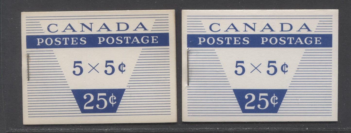 Lot 28 Canada #BK49c (McCann BK29i & BK49m) 5c Blue, 1954 - 1962 Wilding Issue, 2 VFNH Booklets With 1 Pane Of 5 + Label Type II Cover With Smooth DF Paper, 12mm & 16mm Staples