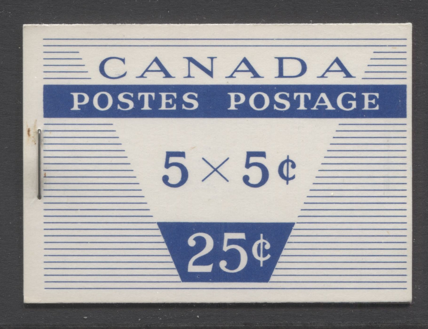Lot 120 Canada #BK49c var 5c Blue, 1954 - 1962 Wilding Issue, A VFNH Booklet With 1 Pane Of 5 + Label Type II Cover, LF-fl Pane, Smooth Paper, 12mm Staples