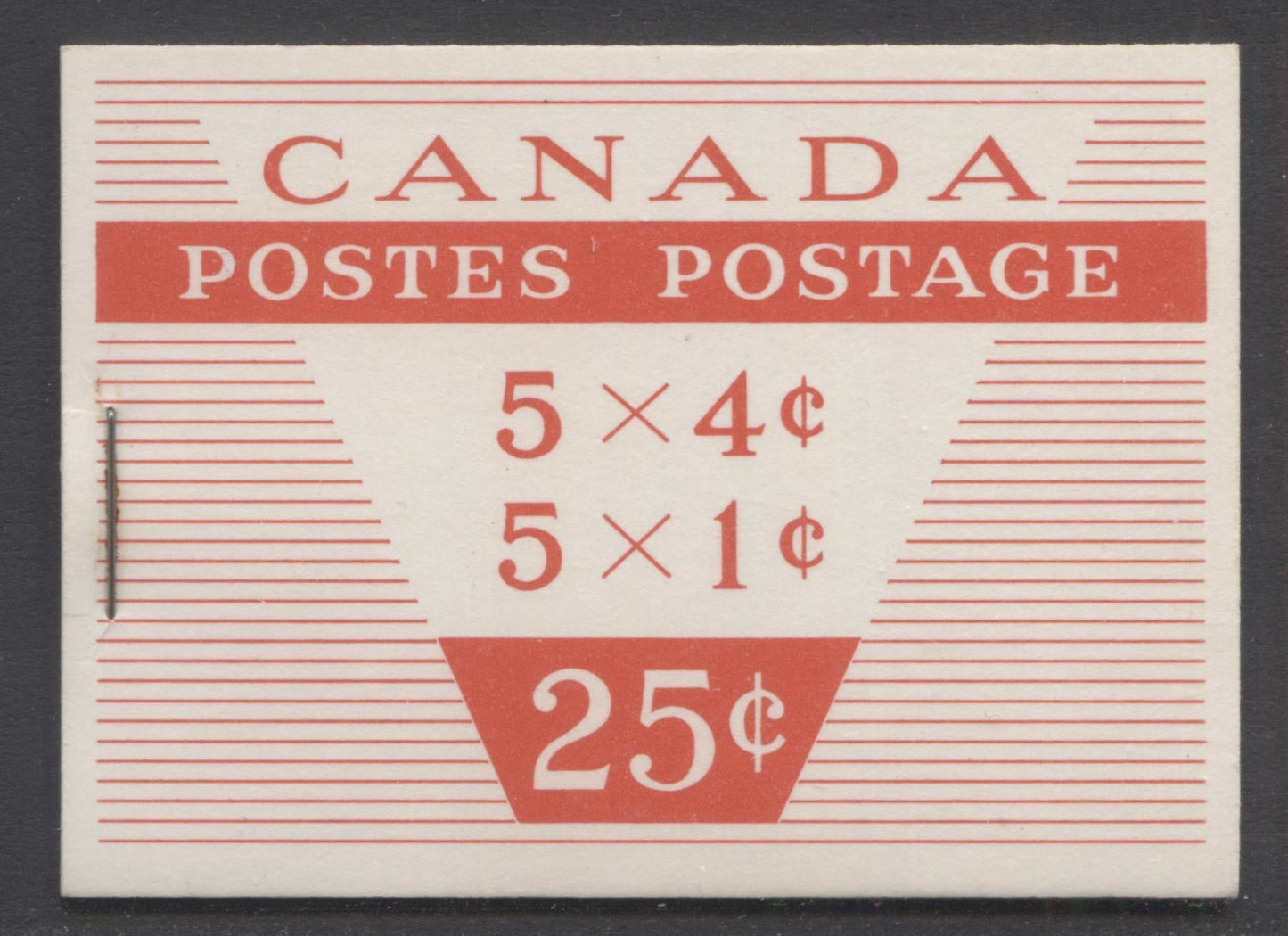 Lot 29 Canada #BK51bvar 1954-1962 Wilding Issue, Complete 25c Bilingual Booklet, No Rate Page, 12mm Staple, Ribbed Paper, Type 3 Cover, MF-fl 1c Pane & DF 4c Pane, VF