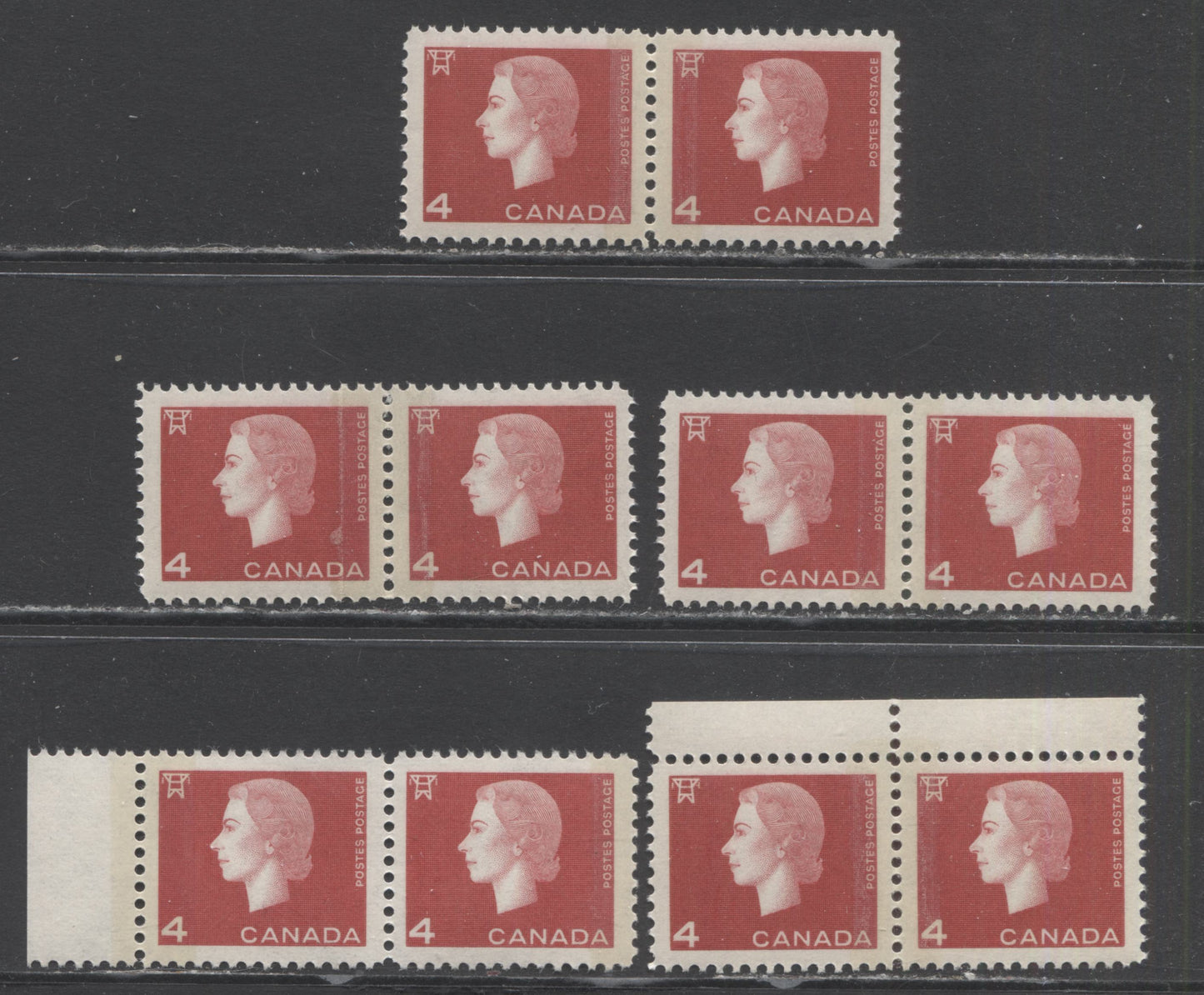 Lot 121 Canada #404v,vi,x 4c Carmine Electricity, 1962-1963 Cameo Issue, 5 VFNH Split Bar Pairs With Bright Bluish & Bluish Tagging, 5x9mm, 5x8mm & 6x8mm Bars/Pane