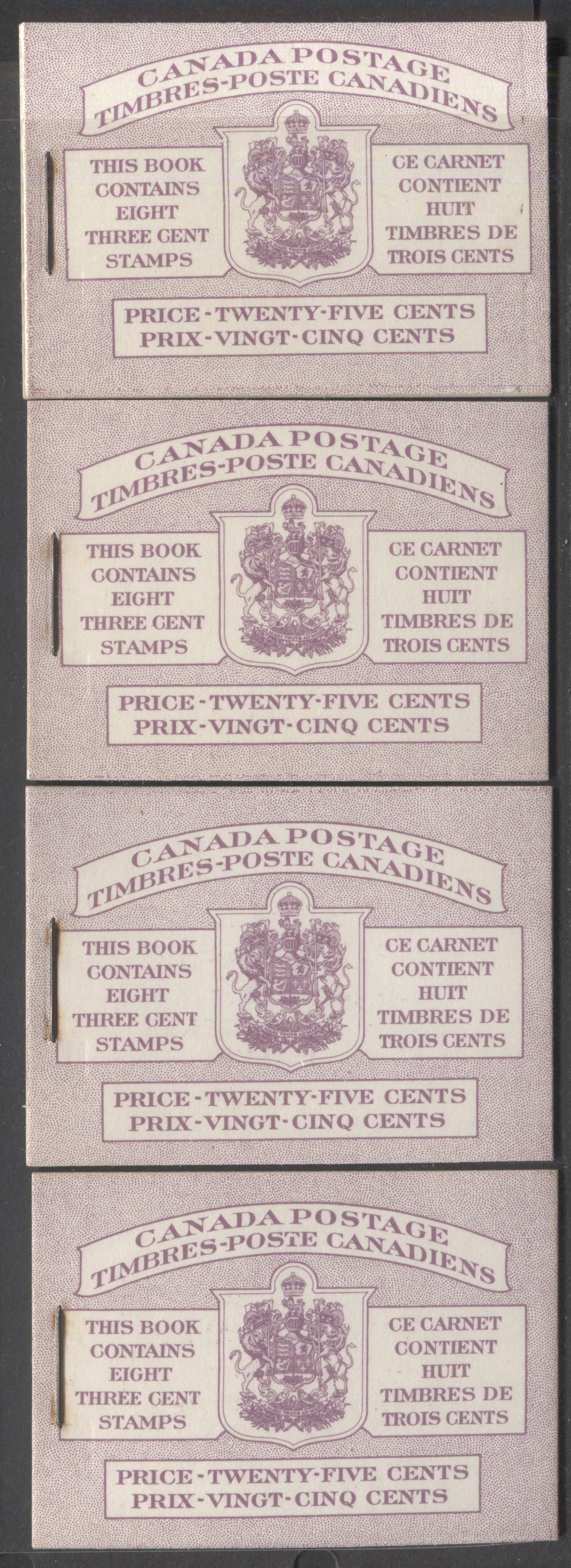 Lot 45 Canada #BK46 3c Carmine Rose, 1953 Queen Elizabeth II Karsh Issue, 4 VFNH Booklets Bilingual Set Of All 4 Harris Cover Types IIIc & IIId Front Covers & Gi, Gii back Covers