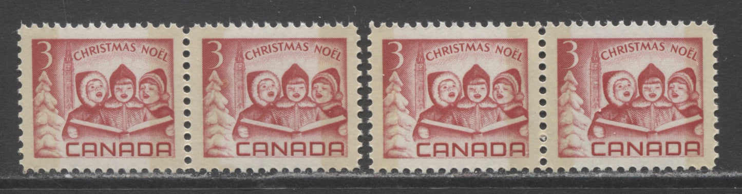 Lot 47 Canada #476pvar 3c Carmine Children Carolling, 1967 Christmas, 2 VFNH Pairs With Wide & Normal Tag Bars With Bluish White Tagging,