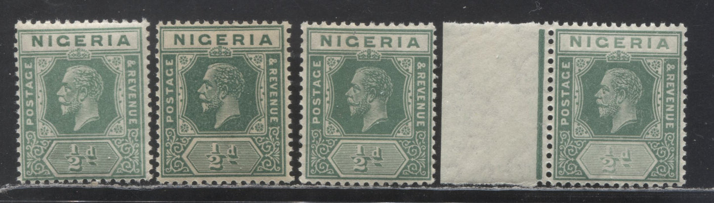 Lot 132 Nigeria SC# 18-18a (SG# 15-15b) 1/2d Green 1921 - 1933 King George V Imperium Key Plate Issue, Script CA Watermark, 2 Printings Each Of Die 1&2, 4 F/VF NH Singles, Click on Listing to See ALL Pictures, Estimated Value $30