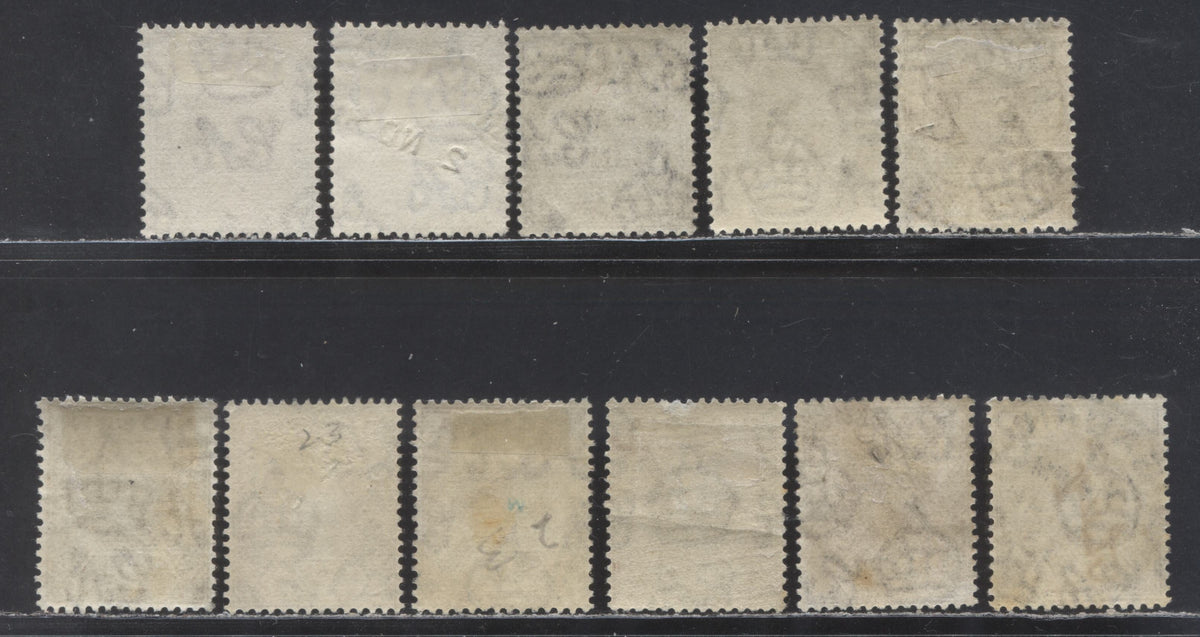 Lot 115 Nigeria SC# 23,23b (SG# 20,20a) 2d Dark Brown 1921 - 1933 King George V Imperium Key Plate Issue, Script CA Watermark, 3 Die 1 & 8 Die 2 W/ Smaller Town And Village Cancels Incl. German Ship Cancel, 11 F/VF Used Singles, Estimated Value $5 USD