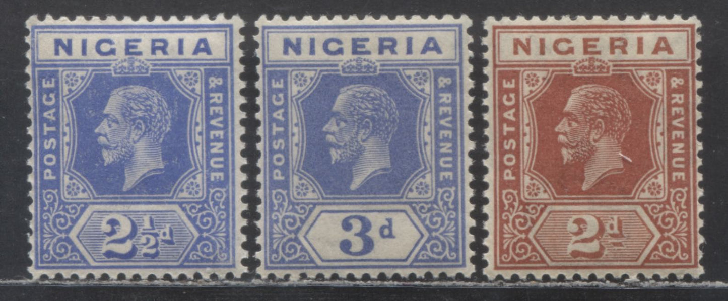 Lot 135 Nigeria SC# 22,24,26 (SG# 19,21,22) 2d, 2 1/2d, 3d 1921 - 1933 King George V Imperium Key Plate Issue, Script CA Watermark, 3 VFNH Singles, Click on Listing to See ALL Pictures, Estimated Value $32 USD