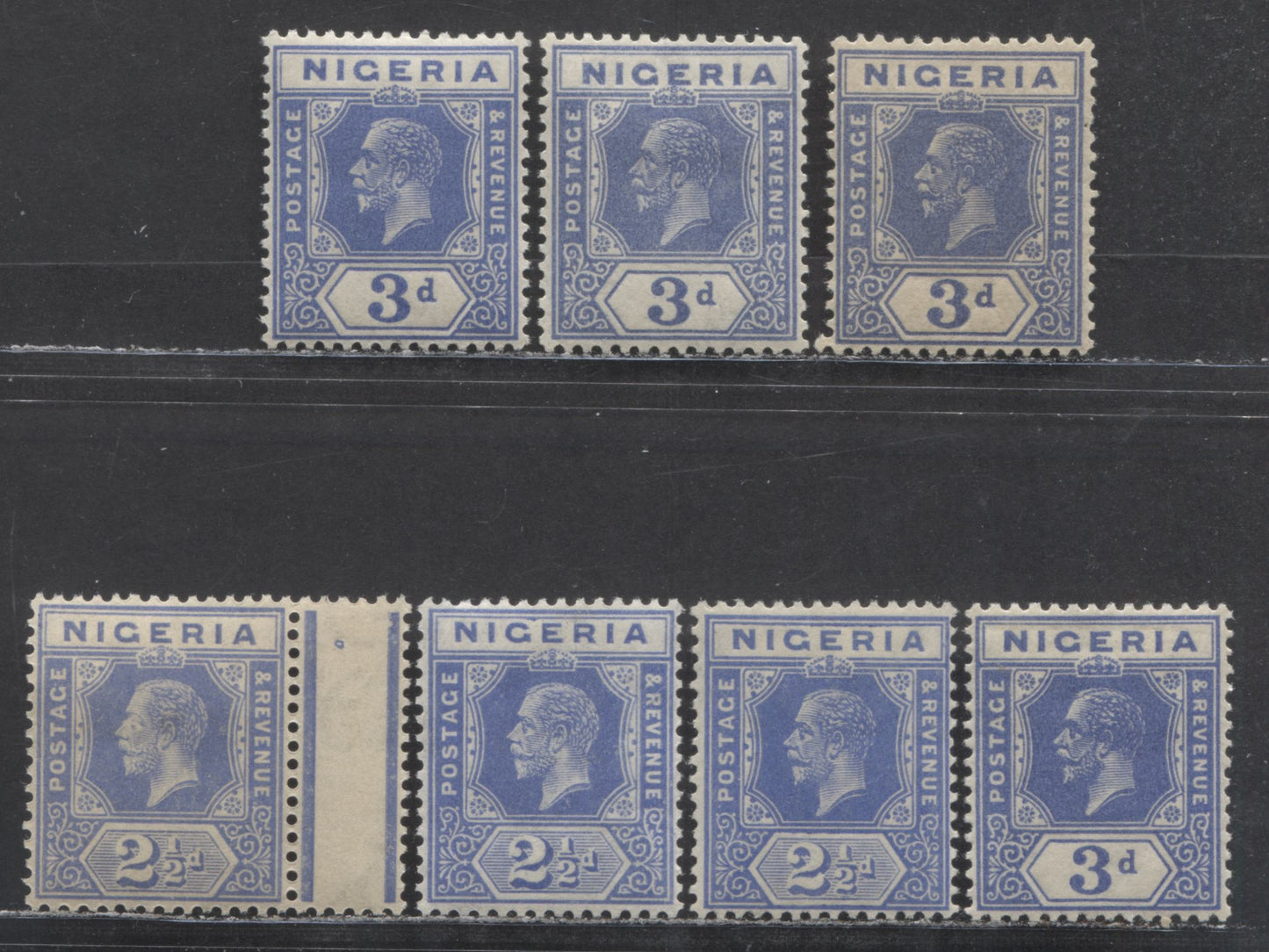 Lot 136 Nigeria SC# 24,26 (SG# 21,23) 2 1/2d, 3d 1921 - 1933 King George V Imperium Key Plate Issue, Script CA Watermark, Different Printings Being All Slightly Different Shades, 7 F/VF OG Singles, Estimated Value $43.75 USD