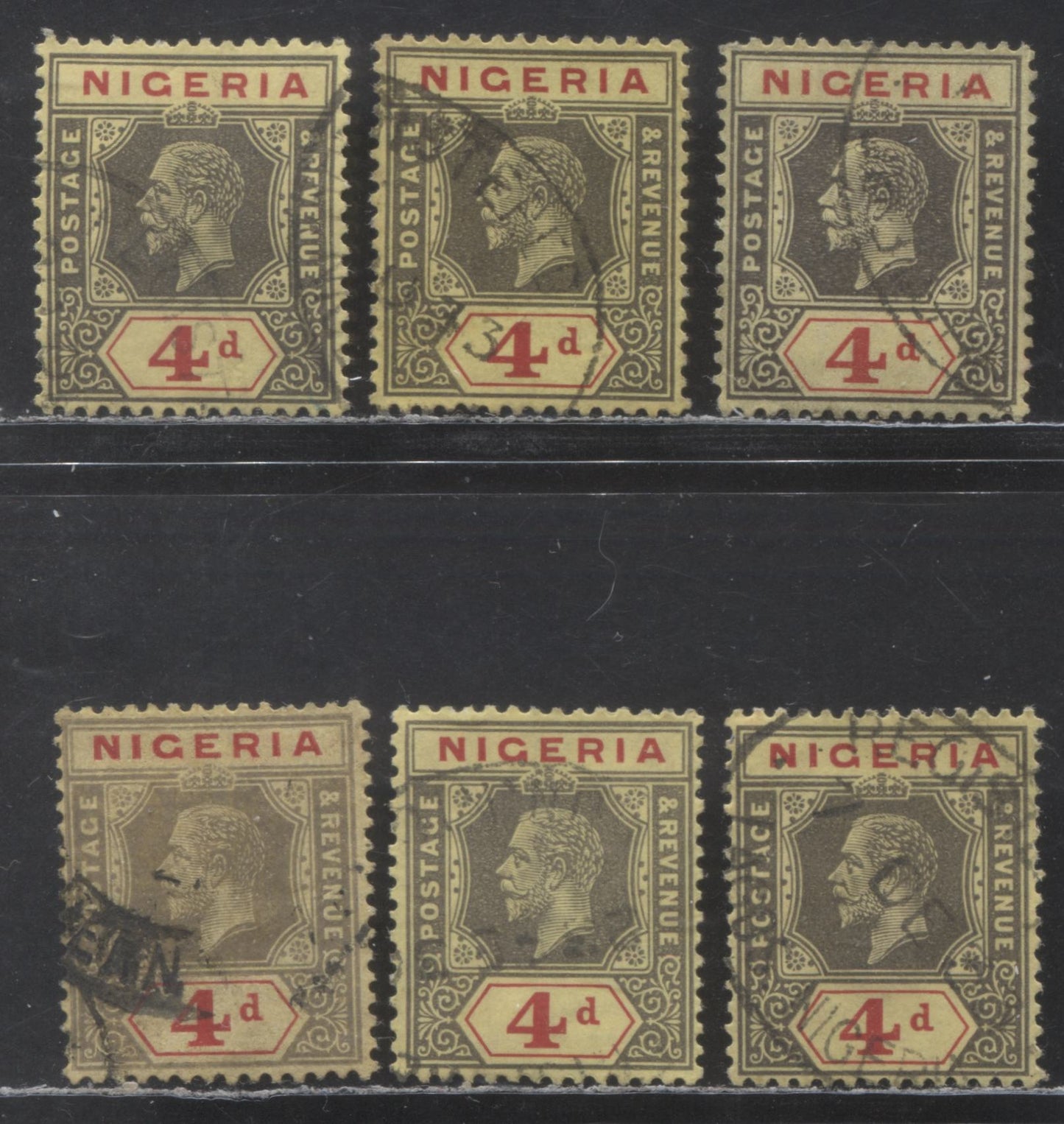 Nigeria SC# 27a (SG# 24a) 4d 1921 - 1933 King George V Imperium Key Plate Issue, Script CA Watermark, Die 1 6 Different Printings On Pale Yellow Backed Paper, 6 F/VF Used Singles, 2022 Scott Classic Cat. $46.50 USD