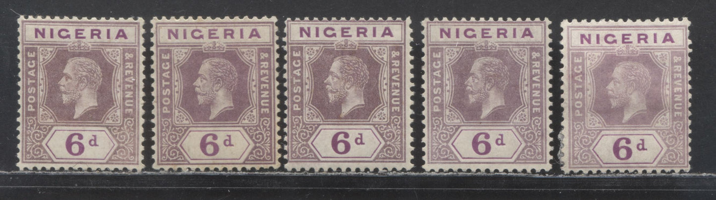 Lot 138 Nigeria SC# 28a (SG# 25) 6d 1921 - 1933 King George V Imperium Key Plate Issue, Script CA Watermark, Die 1, 5 Different Printings With Purple & Bright Purple Duty Plate Shades, 5 FOG Singles, Estimated Value $35 USD