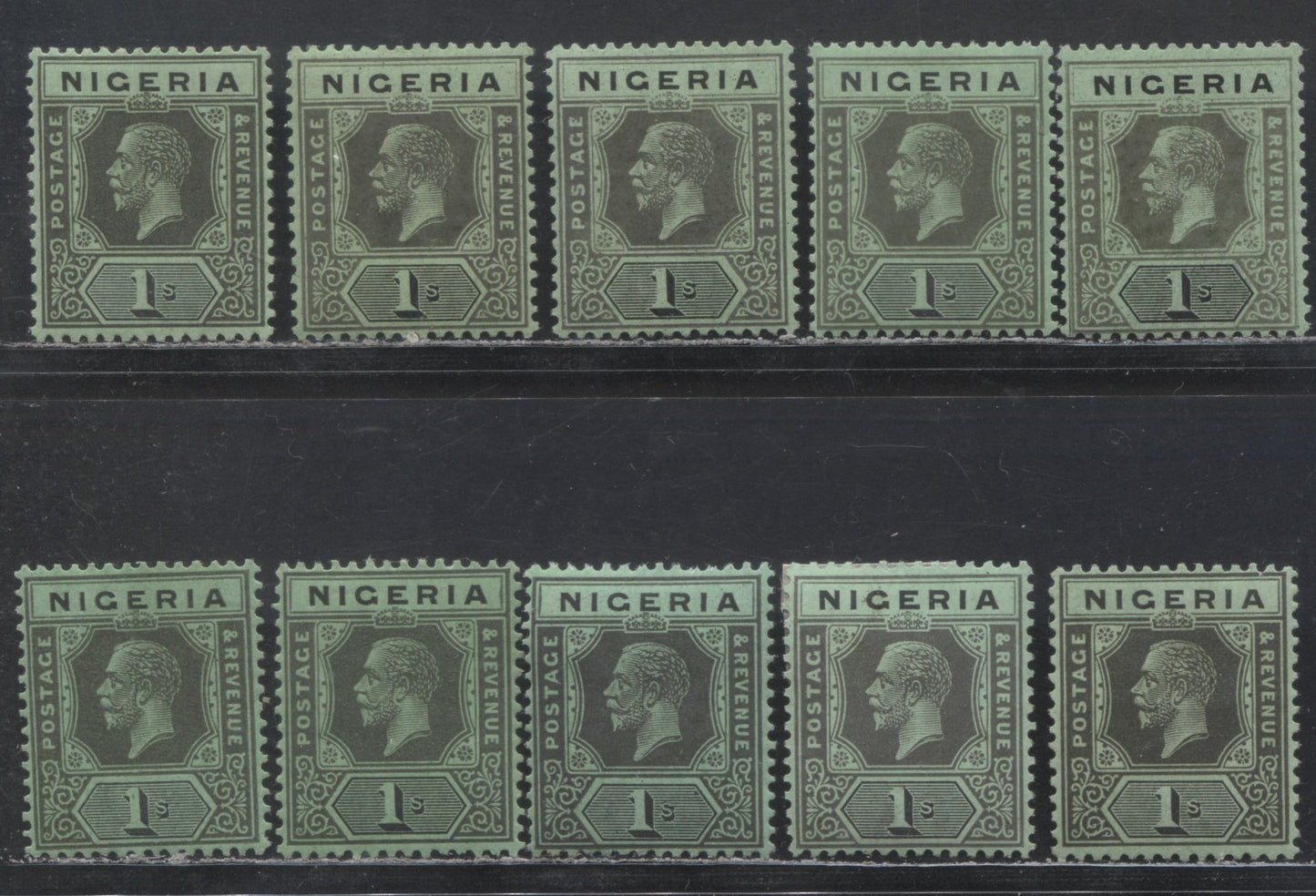 Lot 139 Nigeria SC# 29 (SG# 26) 1/- 1921 - 1933 King George V Imperium Key Plate Issue, Script CA Watermark, 10 Different Printings In Various Shades Of Grey & Black On Emerald, Bluish Emerald, 10 VFOG Singles, 2022 Scott Classic Cat. $72.50 USD