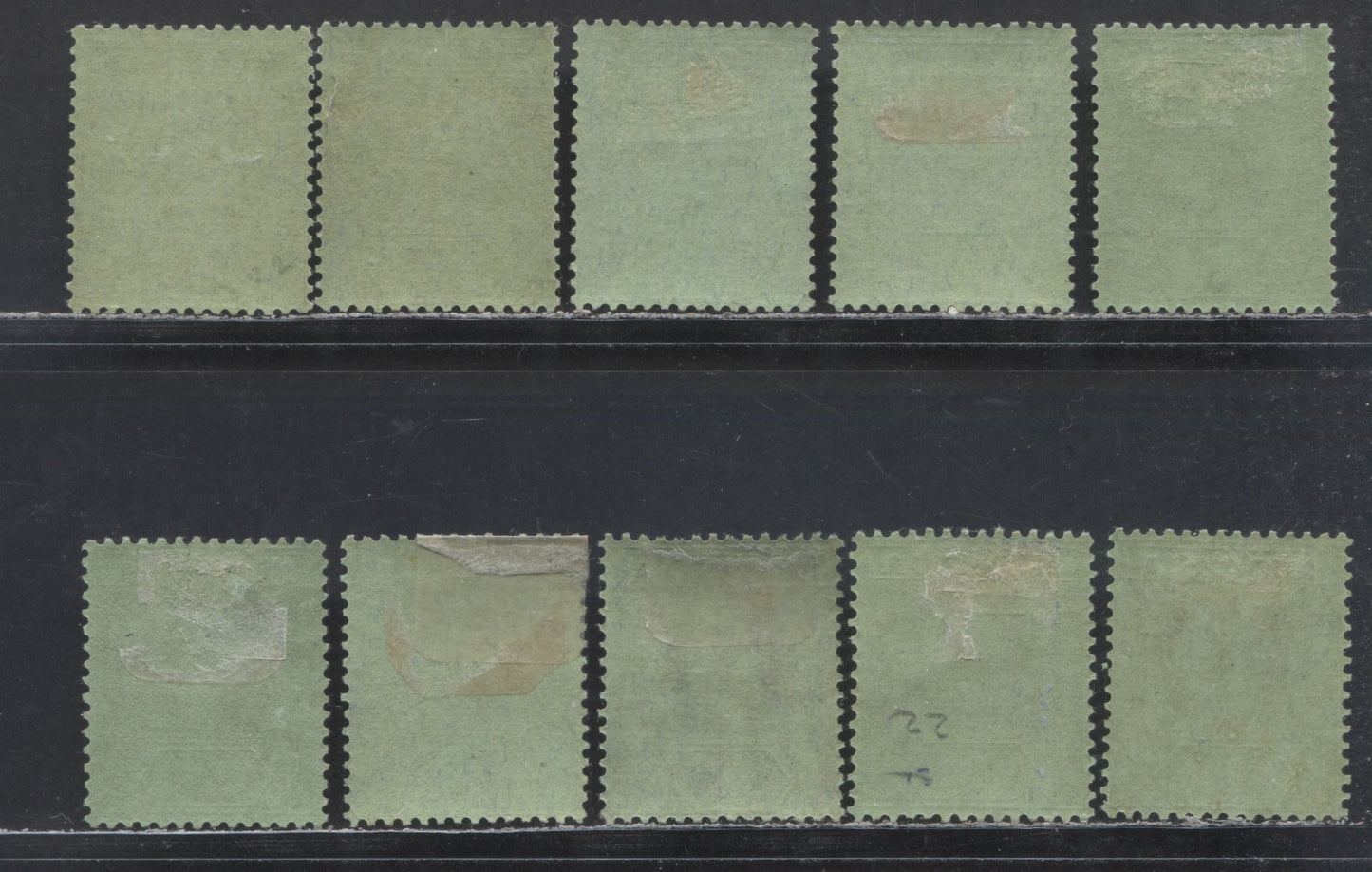Lot 139 Nigeria SC# 29 (SG# 26) 1/- 1921 - 1933 King George V Imperium Key Plate Issue, Script CA Watermark, 10 Different Printings In Various Shades Of Grey & Black On Emerald, Bluish Emerald, 10 VFOG Singles, 2022 Scott Classic Cat. $72.50 USD