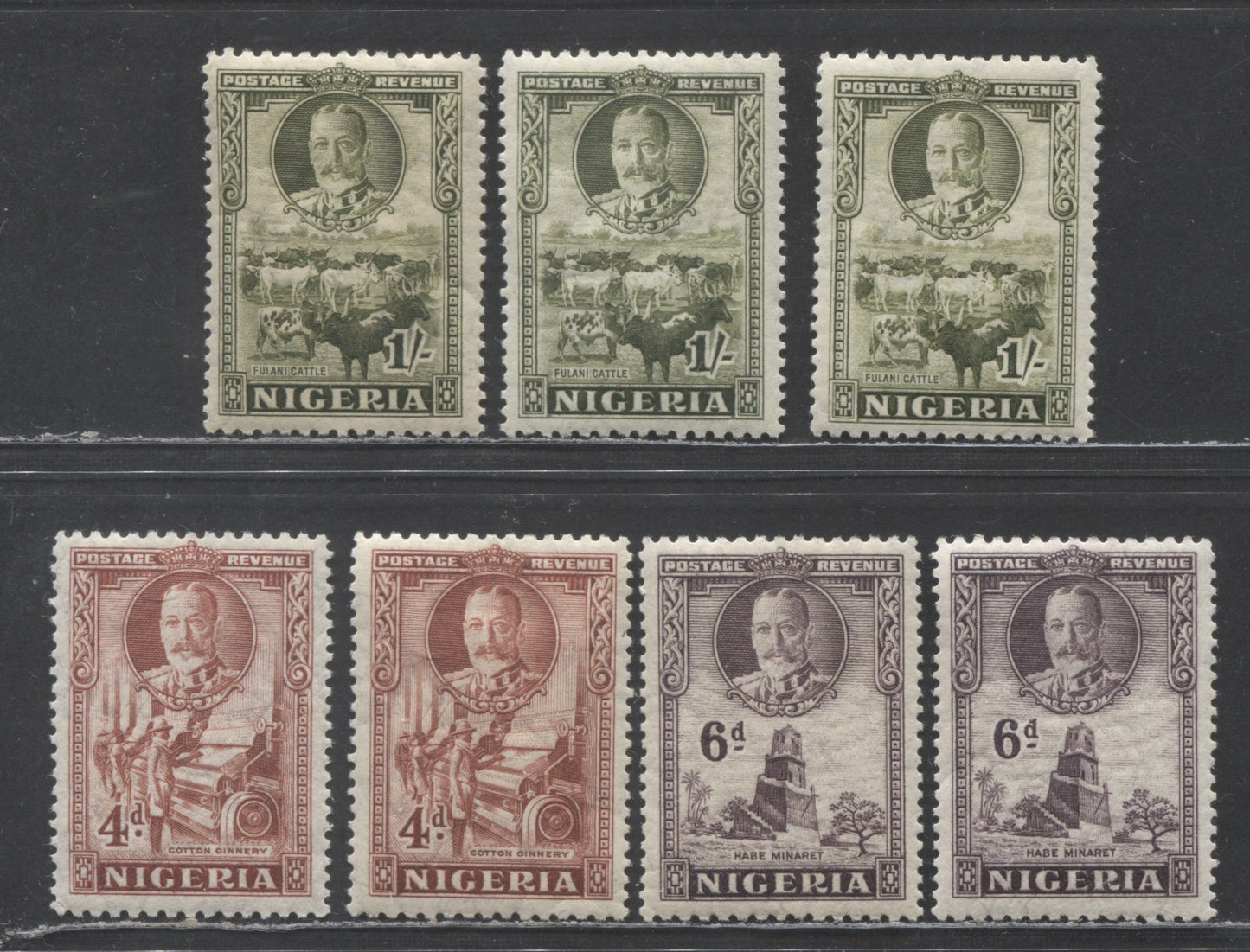 Lot 49 Nigeria SC# 43-45 (SG#39-41) 4d, 6d, 1/- 1936 Pictoral Issue, Additional Shades, 7 VFOG Singles, Click on Listing to See ALL Pictures, 2022 Scott Classic Cat. $13.15 USD