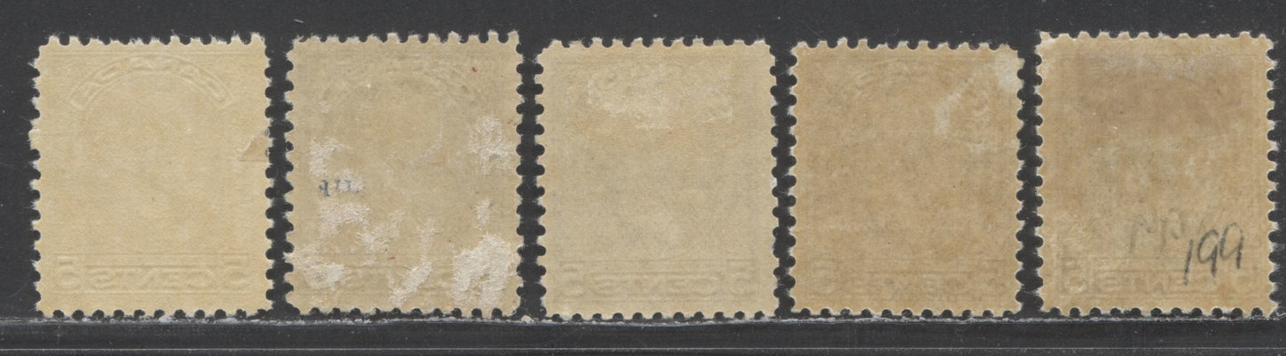 Canada #199 5c Dark Blue King George V, 1932 Medallion Issue, 5 FOG Singles With Different Shades & Gum Types