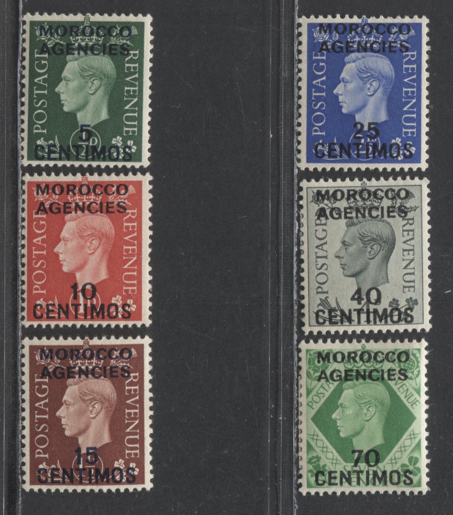 Lot 52 Morocco Agencies SC#83-88 5c/70c 1937-1940 Overprinted King George VI Dulac Design, Spanish Currency Issue, 6 F/VF OG Singles, Click on Listing to See ALL Pictures, 2022 Scott Classic Cat. $47.4 USD
