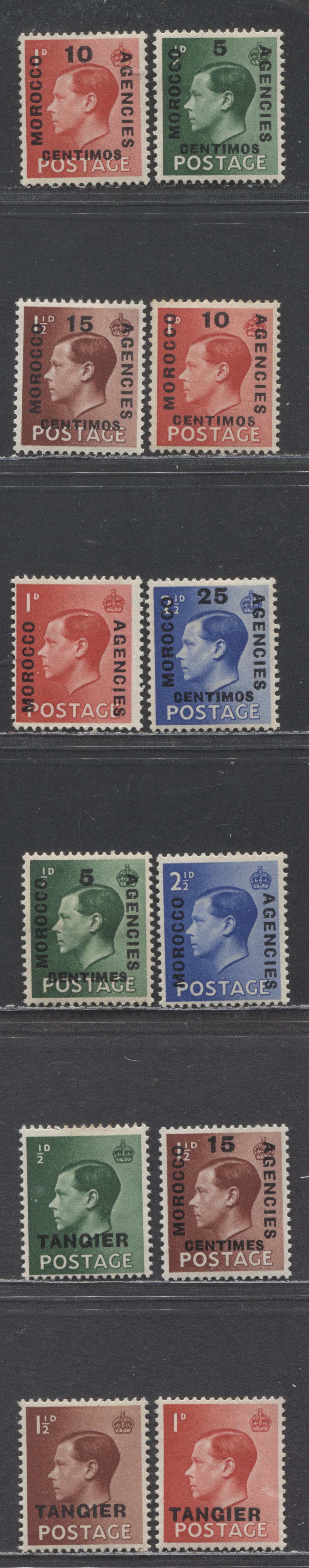Morocco Agencies SC#78-81, 79a, 24-245, 437-438, 511-513 1936 Edward VIII Overprints Issue, Complete Including The Scarcer 15mm Overprint On The Spanish Currency 1d, 12 F/VF OG Singles, 2022 Scott Classic Cat. $6.9 USD