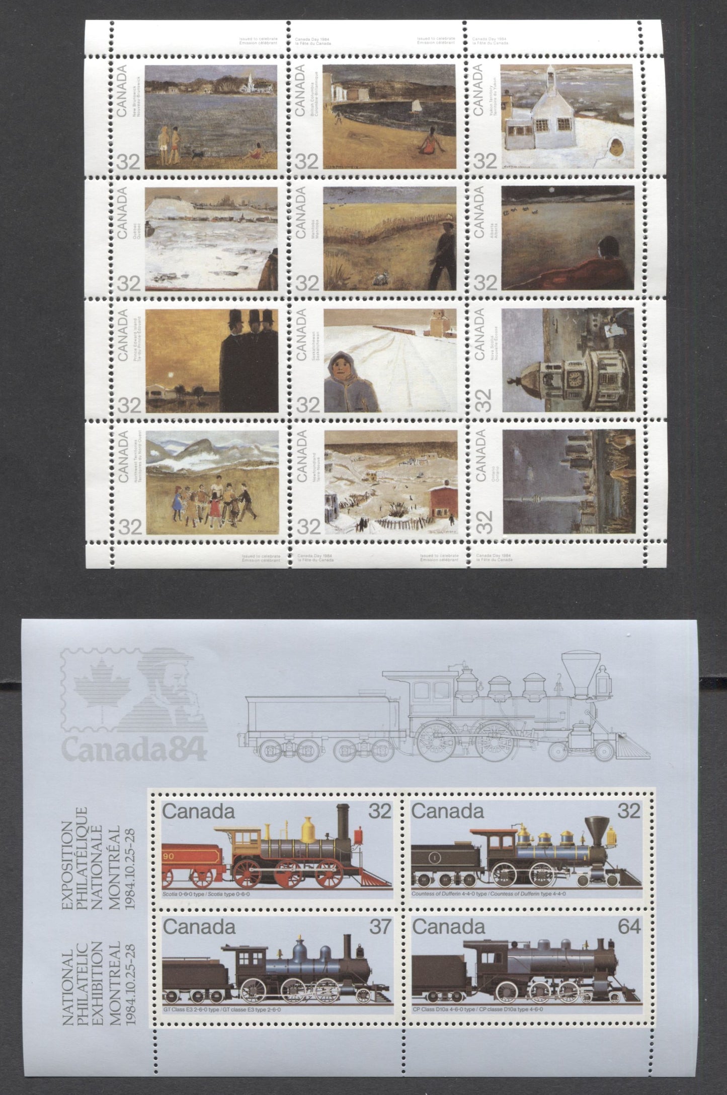 Lot 14 Canada #1027a, 1039a 32c Multicolored, 1984 Canada Day & Trains Issues, A VFNH Sheet & Souvenir Sheet On NF/DF Clark Paper And DF/DF Harrison Paper