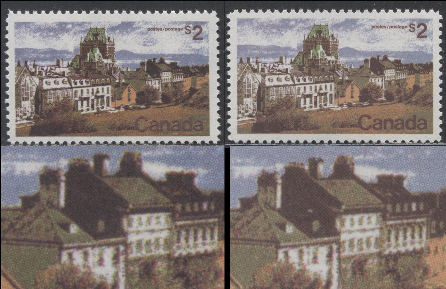Lot 13 Canada #601 $2 Multicolored Quebec, 1972 Landscape Definitives, 4 VFNH Plate 1 Singles On 4 Different LF Flecked Papers, Perf 11