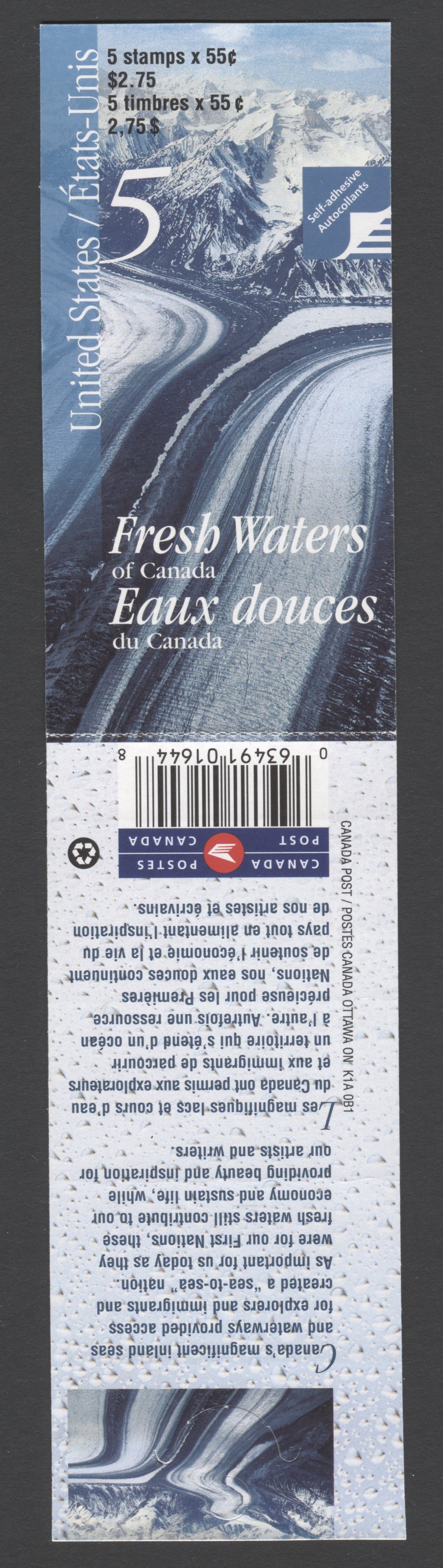 Canada #BK228a-b 2000 Fresh Waters of Canada Issue, Complete $2.75 Booklet, JAC Paper, Dead Paper, 4 mm GT-4 Tagging