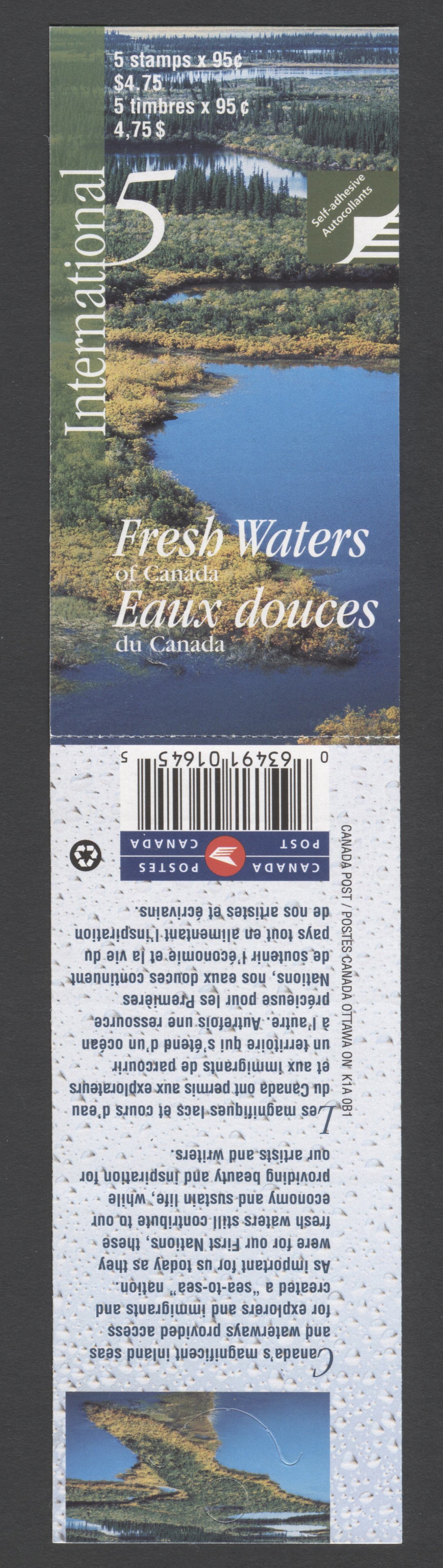Canada #BK229a-b 2000 Fresh Waters of Canada Issue, Complete $4.75 Booklet, JAC Paper, Dead Paper, 4 mm GT-4 Tagging