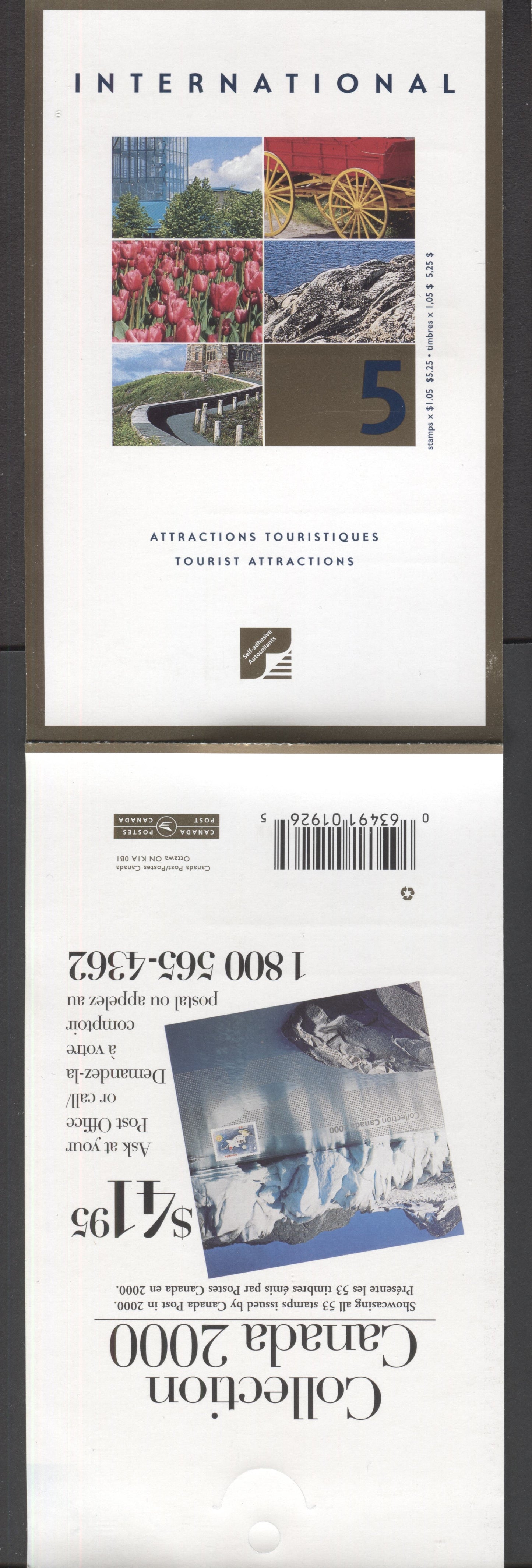 Canada #BK244a-b 2001 Tourist Attractions Issue, Complete $5.25 Booklet, JAC Paper, Dead Paper, 4 mm GT-4 Tagging