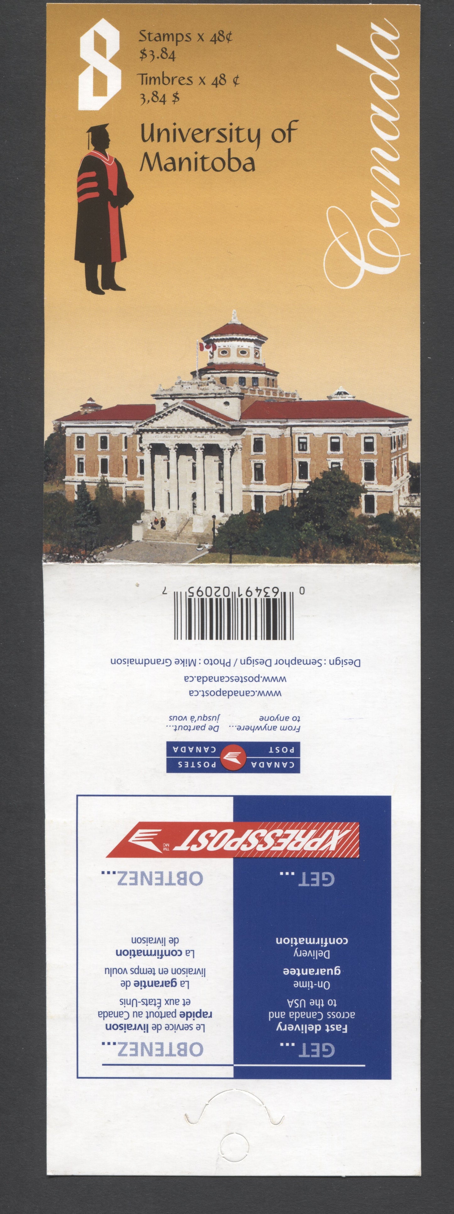 Canada #BK254a-b 2002 University of Manitoba Issue, Complete $3.84 Booklet, Tullis Russell Coatings Paper, Dead Paper, 4 mm GT-4 Tagging