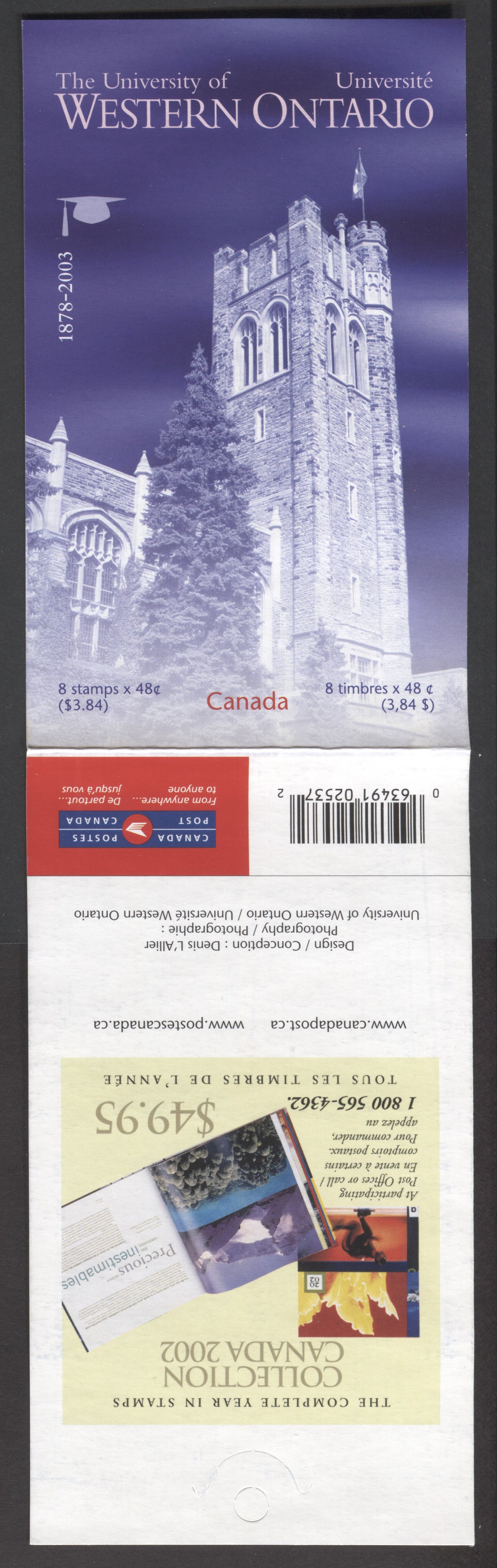 Canada #BK268a-b 2003 University of Western Ontario Issue, Complete $3.84 Booklet, Tullis Russell Coatings Paper, Dead Paper, 4 mm GT-4 Tagging