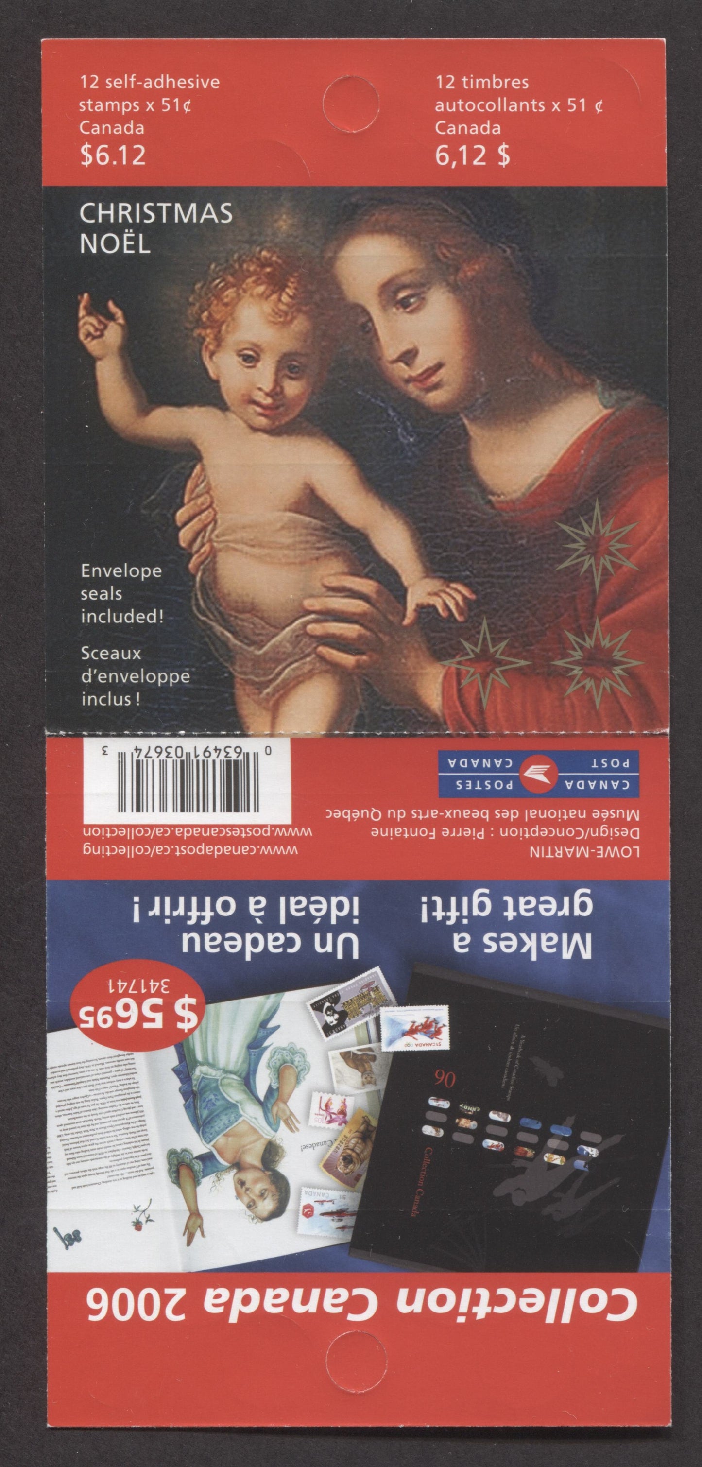Canada #BK336 2006 Christmas Issue, Complete $6.12 Booklet, Tullis Russell Coatings Paper, Dead Paper, 4 mm GT-4 Tagging
