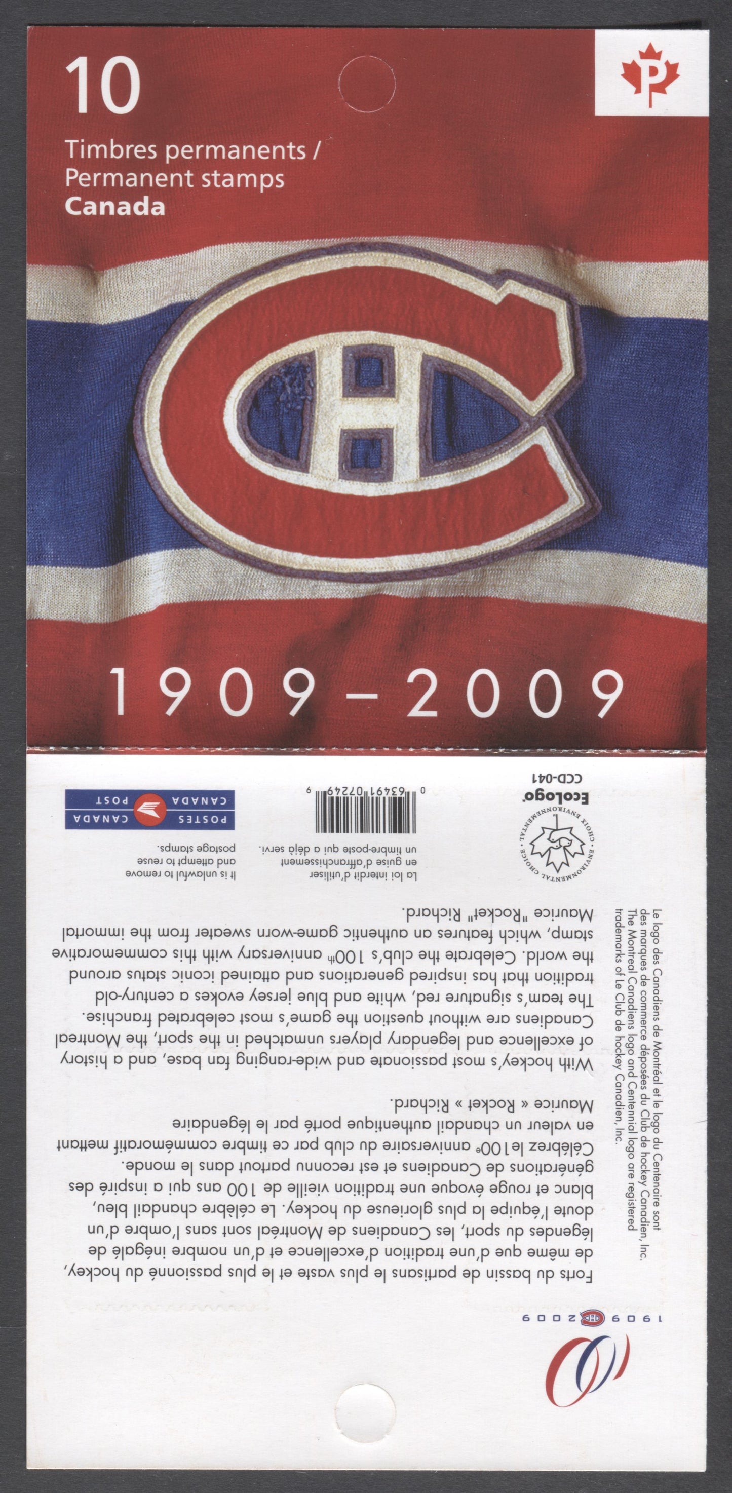 Canada #BK411 (SG #SB401) 2009 Montreal Canadienes Issue, Complete $5.4 Booklet, Front Cover