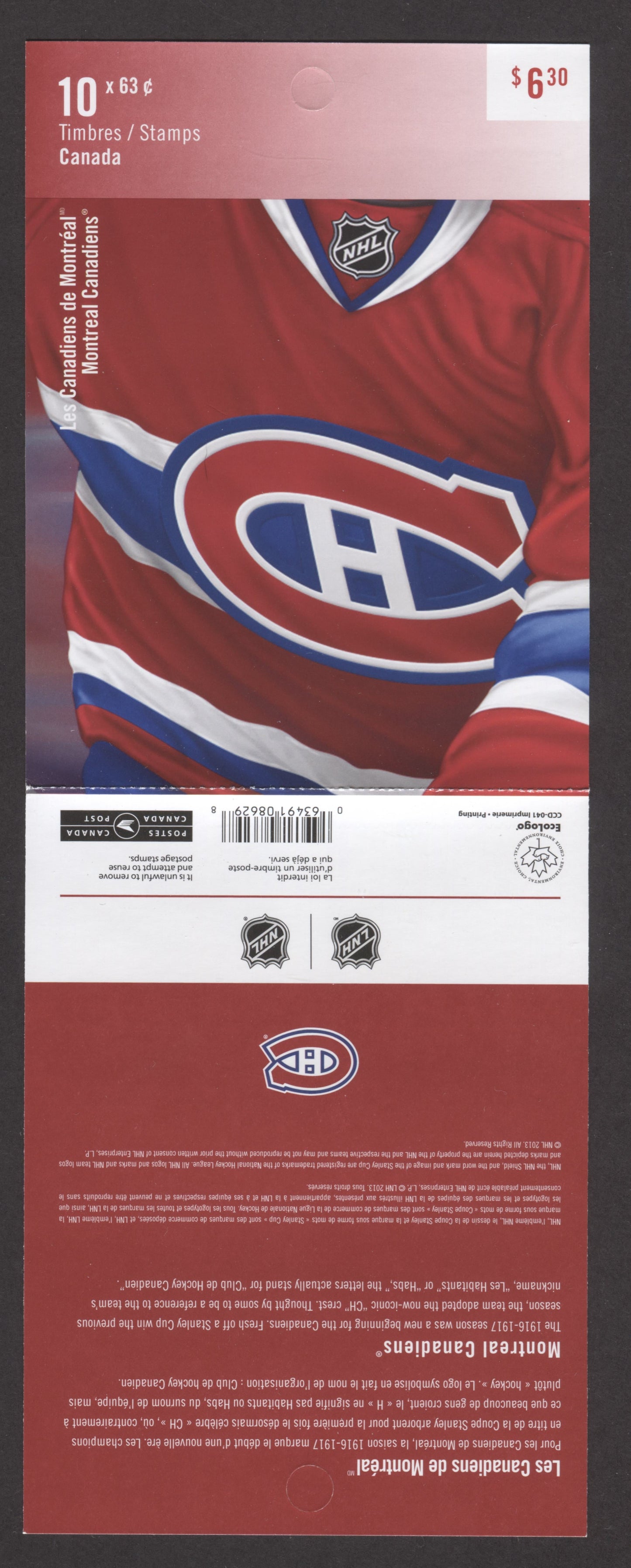 Canada #BK549 (SG #SB509) 2013 NHL Issue - Montreal Canadiens, Complete $6.3 Booklet, Front Cover