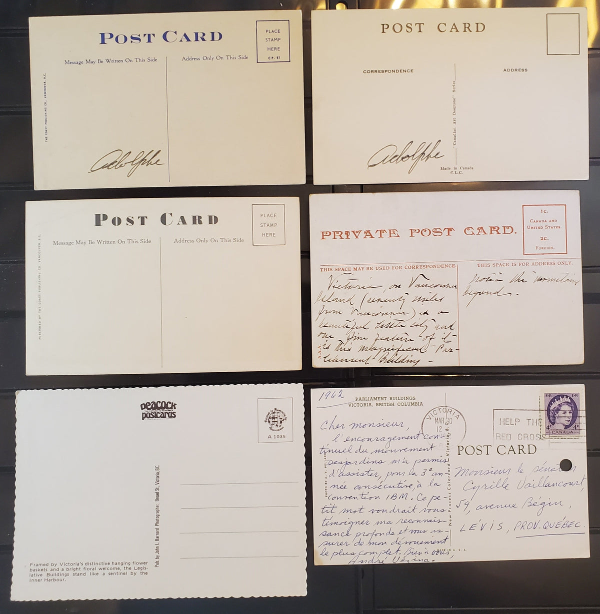 Lot 3 A Group of 6 Postcards From Victoria, BC, Showing Parliament Buildings, From The 1920's-1950's and 1960's-1970's, Overall VF, Net Est. $8
