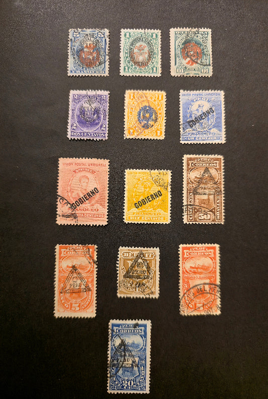 Lot 138 Peru SC#J2a, J22-J23, J25-J26, O23-O24, O26, N11-N12, N16, N19-N20 5c Vermillion - Blue Numerals - Pictorials, 1882-1907 Postage Dues Without Grill & Chilean Occupation Overprinted Issues, 13 Fine/Very Fine Used Singles