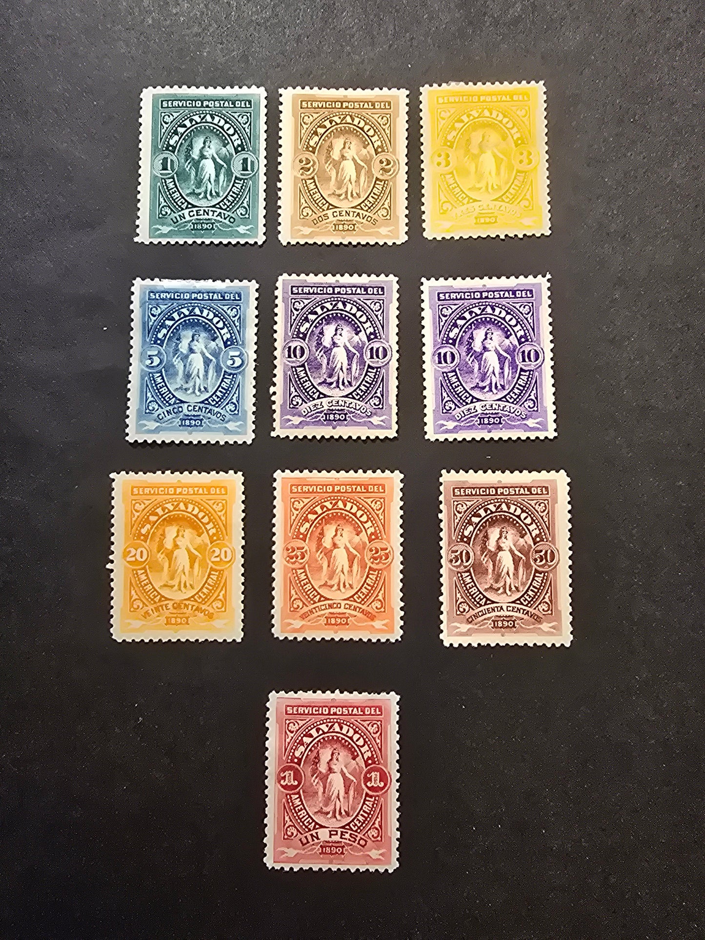 Lot 141 El Salvador SC#38-46 1c - 1p Green - Carmine Justice, 1890 Justice Seebeck Issue, 10 F/VFOG Singles, Extra 10c Shade
