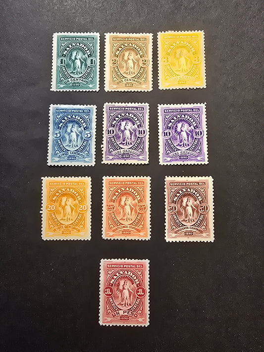Lot 141 El Salvador SC#38-46 1c - 1p Green - Carmine Justice, 1890 Justice Seebeck Issue, 10 F/VFOG Singles, Extra 10c Shade