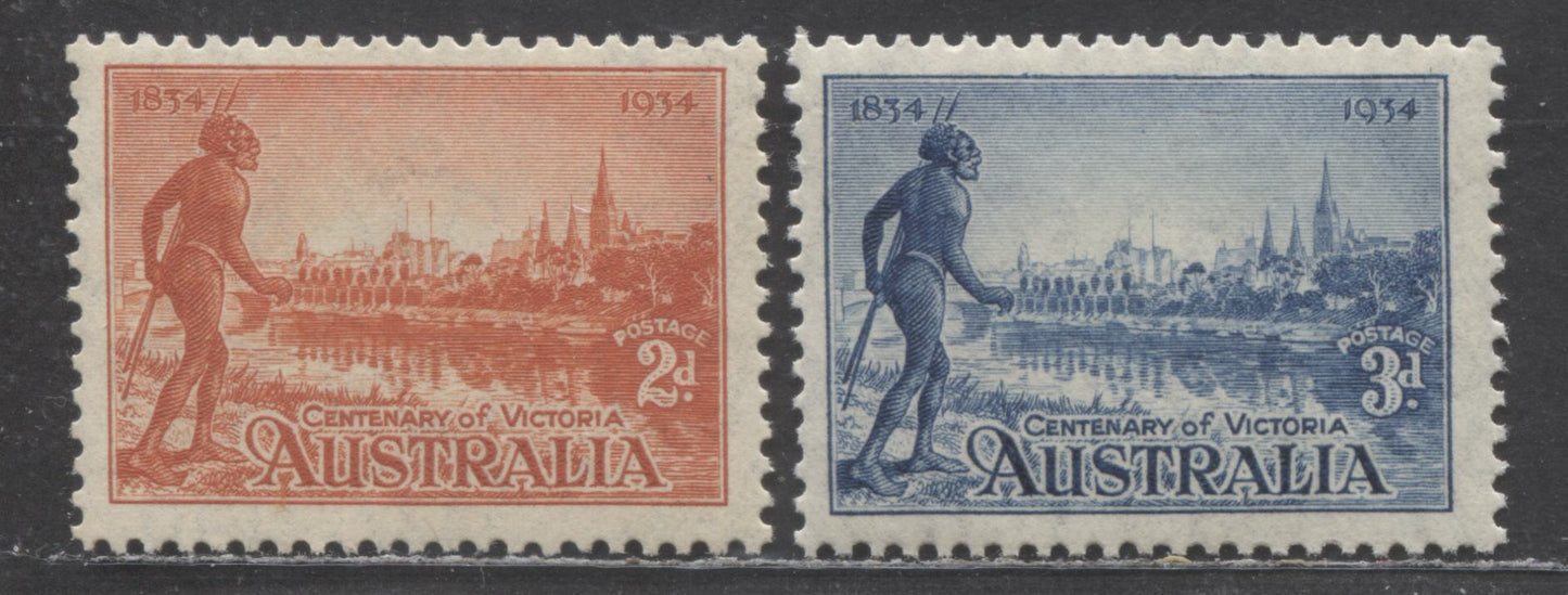 Lot 20 Australia SG#142a-143a 1934 Centenary Of Victoria, Perf 11.5, 2d Carmine & 3d Blue, 2 F/VFNH Singles, Click on Listing to See ALL Pictures, Estimated Value $12 USD