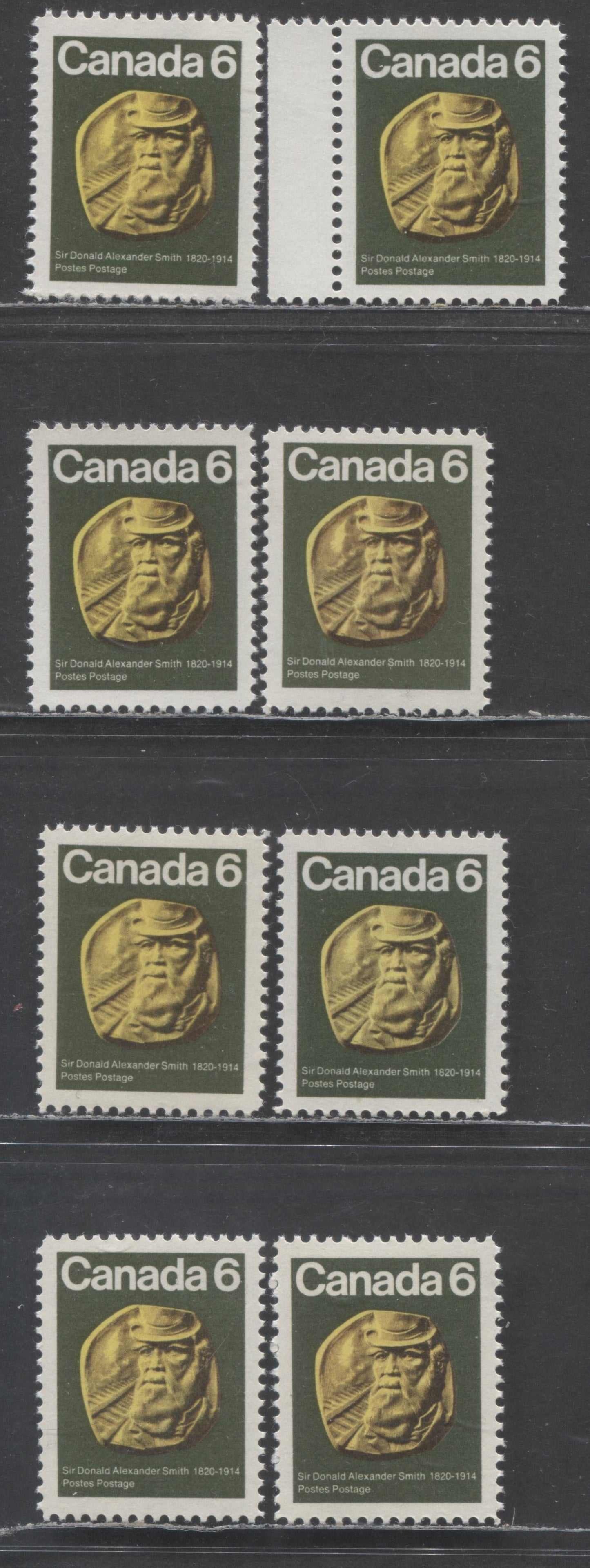 Canada #531 6c Dark Green, Yellow & Black Donald Alexander King, 1970 Sir Donald Alexander Smith Issue, 8 VFNH Singles With Various HF & HB Horizontal Ribbed Papers With Smooth & Streaky Gums