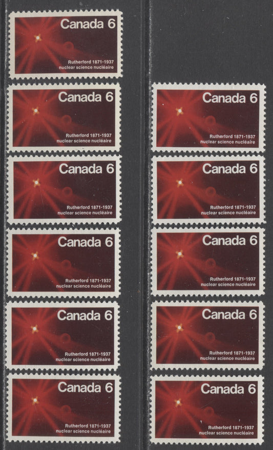 Canada #534,ii 6c Multicolored Atom Splitting, 1971 Ernest Rutherford Issue, 11 VFNH Singles On Various HB/HB, HF/HB, MF/HB & MF/HF Horizontal Ribbed Papers