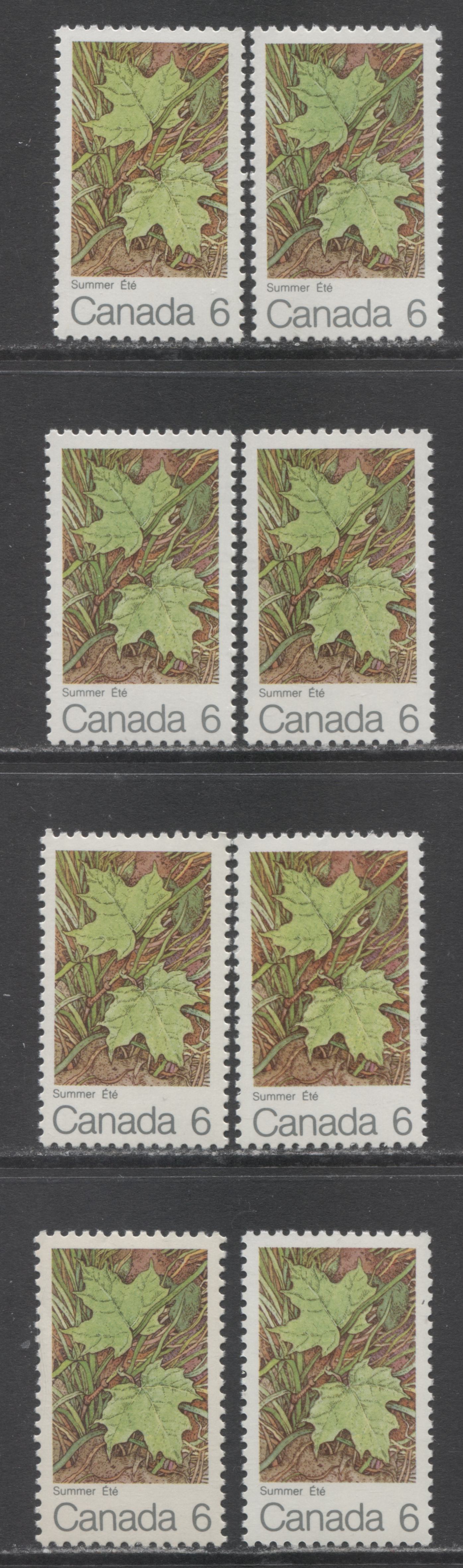 Canada #536 6c Multicolored Summer, 1971 Maple Leaves, 8 VFNH Singles On HB/HB, HF/HB & MF/HB Papers