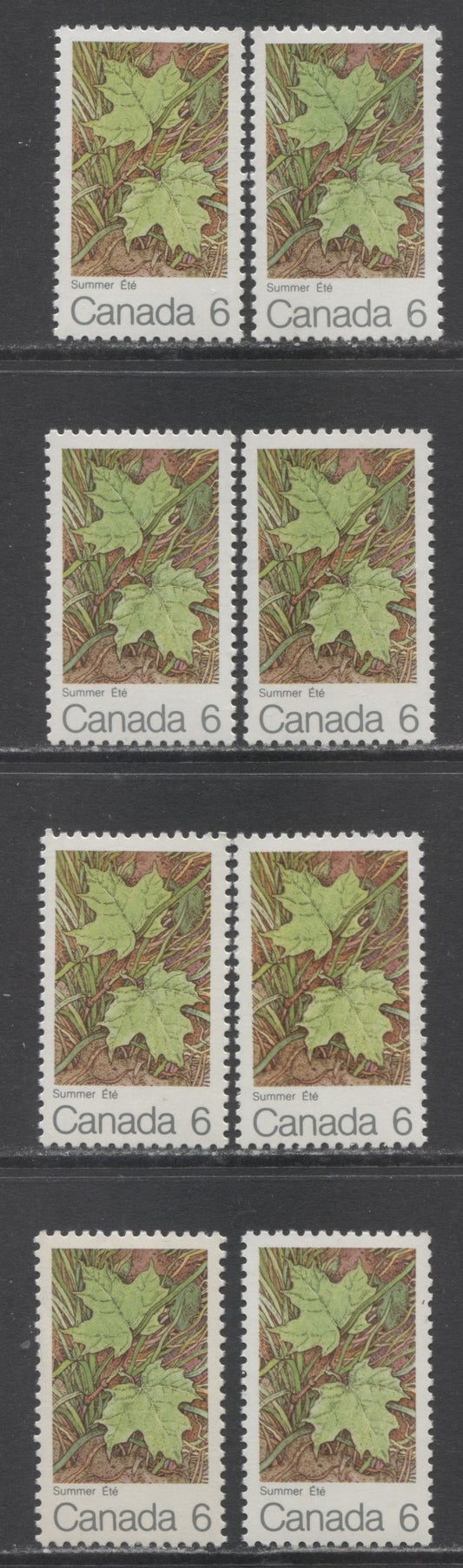 Canada #536 6c Multicolored Summer, 1971 Maple Leaves, 8 VFNH Singles On HB/HB, HF/HB & MF/HB Papers
