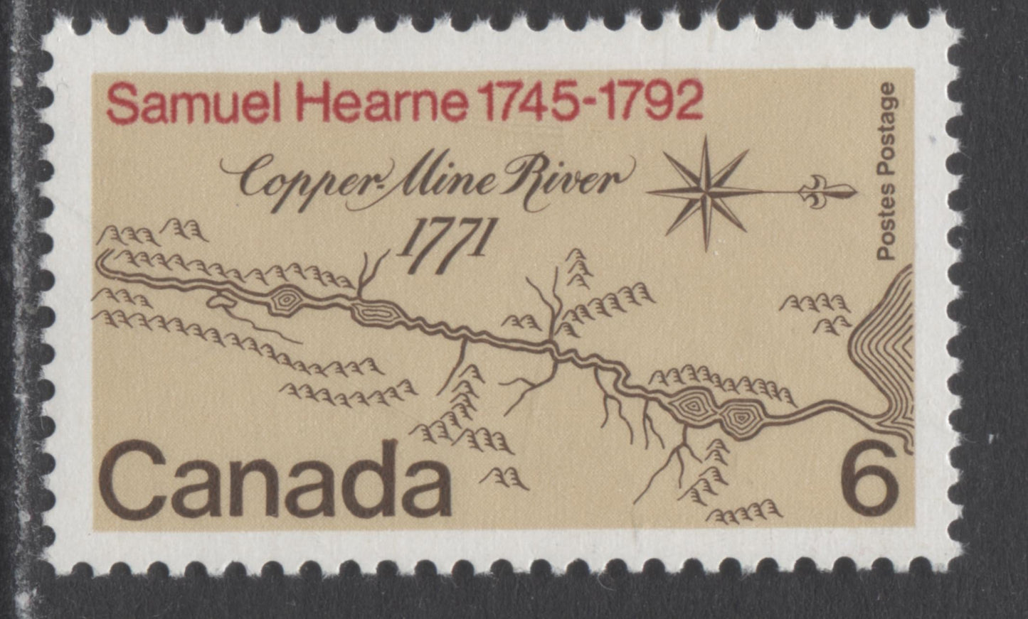 Canada #540i 6c Buff, Red & Brown Copper Mine River, 1971 Samuel Hearne Issue, A VFNH Single With Weak Kiss Print Doubling Of Inscription, DF/DF Yellowish Grey & Thicker Red Inscription