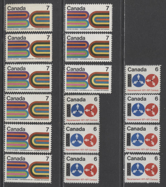 Canada #542, 552 6c & 7c Multicolored Computer Tape And Reel & Stylized 'BC', 1971 Census & British Columbia Centennial Issues, 16 VFNH Singles On Various HB, HB/LF, HB/F, HB/MF, HF/MF-fl, HF/LF & LF/DF Papers