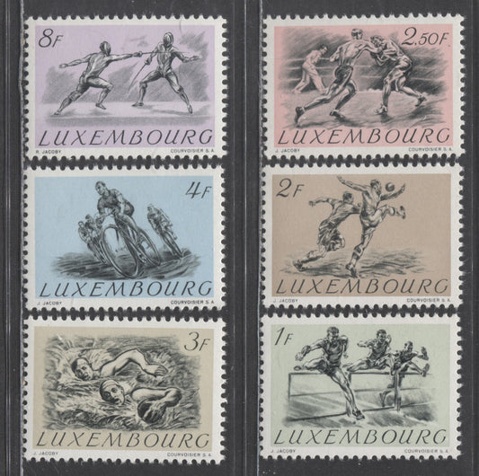 Luxembourg SC#280-285 1952 Helsinki Olympics, 1Fr Pale Green - 8Fr Lilac, 6 VFNH Singles, Click on Listing to See ALL Pictures, 2022 Scott Classic Cat. $50 USD