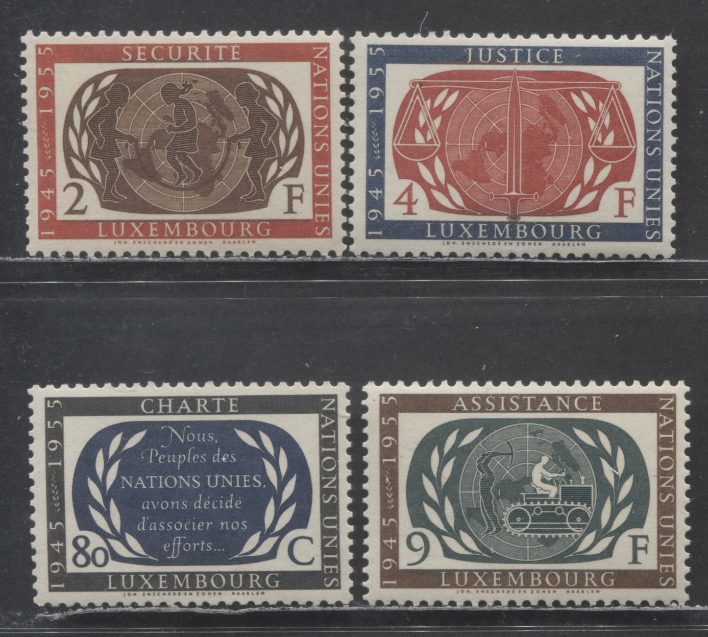 Luxembourg SC#306-309 1955 UN 10th Anniversary Issue, 50c Black/Dark Blue - 9Fr Dark Brown/Slate Green, 4 VFNH Singles, Click on Listing to See ALL Pictures, 2022 Scott Classic Cat. $11 USD