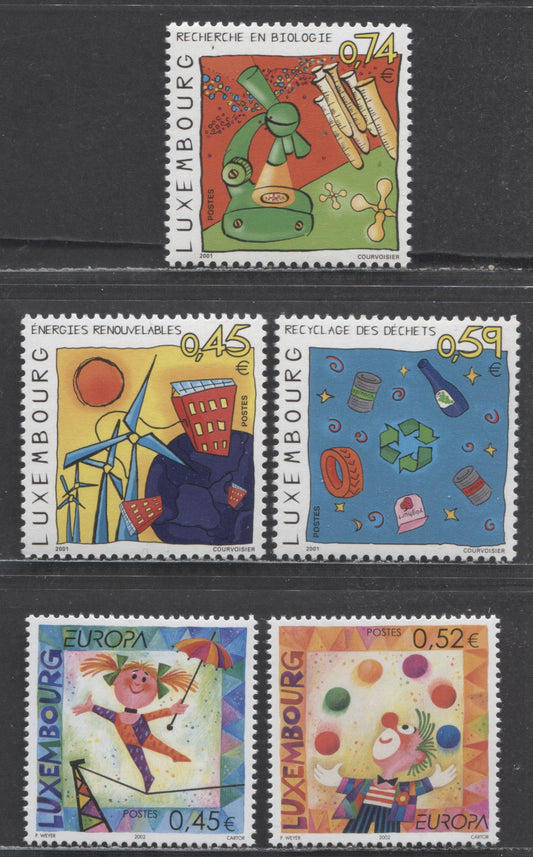 Luxembourg SC#1063/1092 2001-2002 Travelling into the Future/Europa Issues, 5 VFNH Singles, Click on Listing to See ALL Pictures, 2022 Scott Classic Cat. $7.5 USD