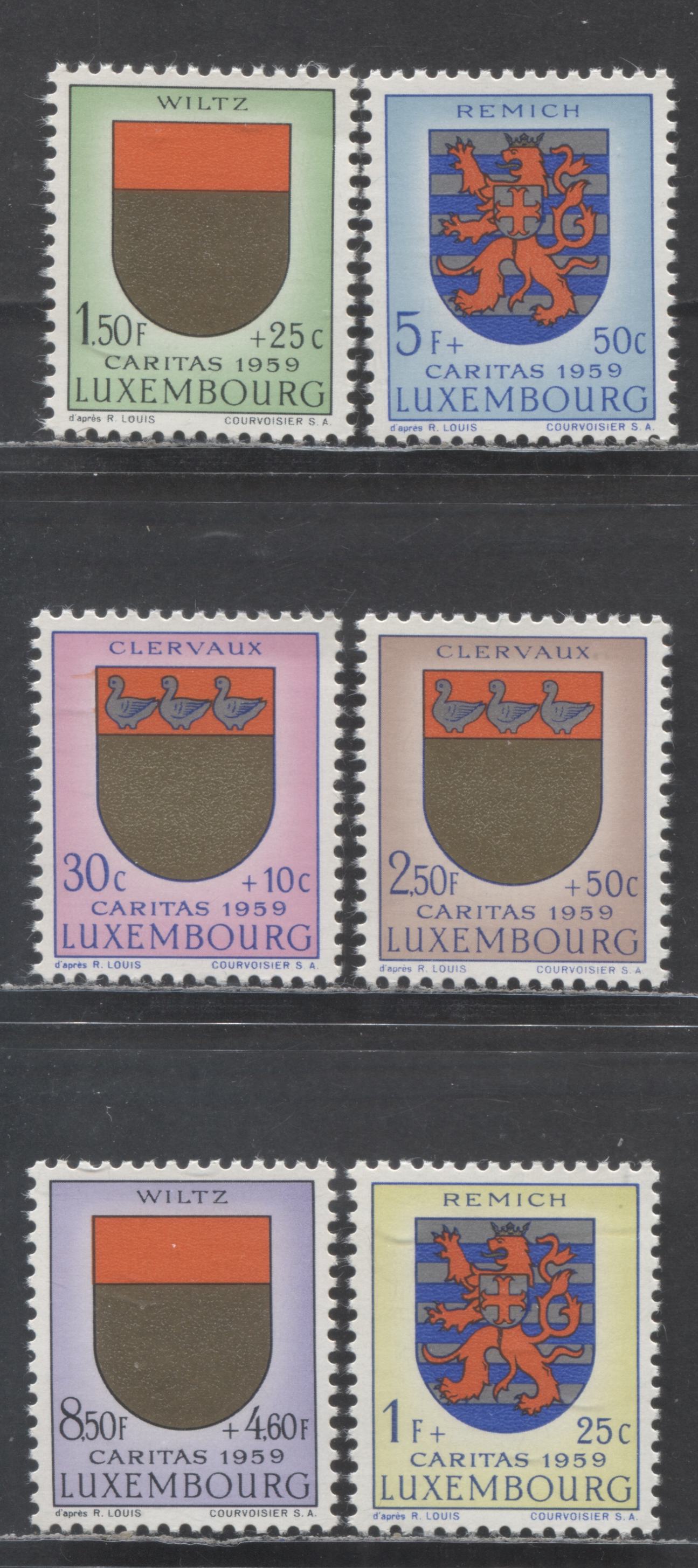 Luxembourg SC#B210-B215 1959 Arms Semi Postals, 6 VFNH Singles, Click on Listing to See ALL Pictures, 2022 Scott Classic Cat. $9.25 USD